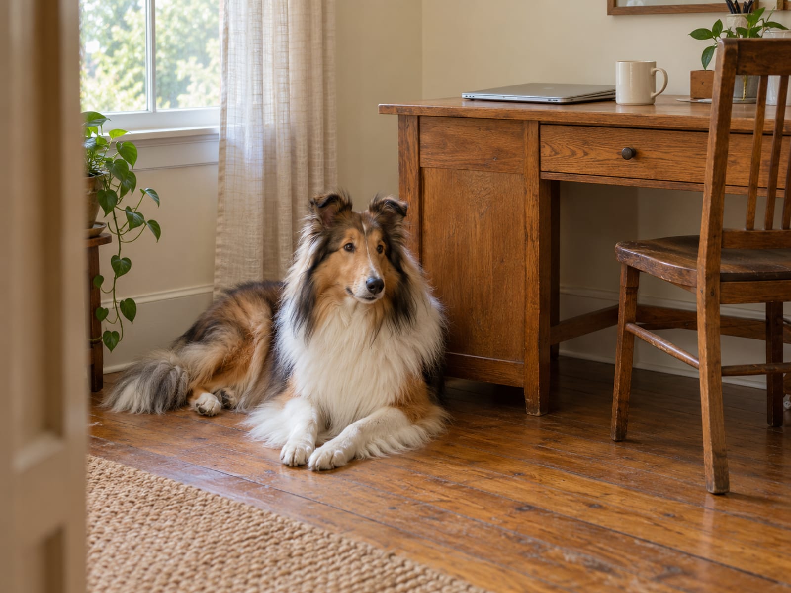 Rough collie lying on a wooden floor beside a tidy desk with a closed laptop and an empty coffee mug