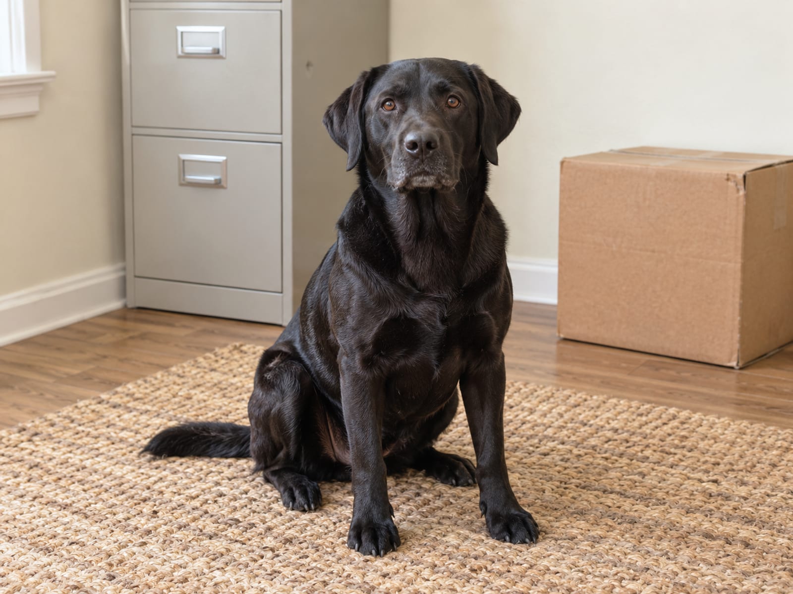 Black Labrador retriever sitting on a woven rug in front of a plain filing cabinet and a closed cardboard box