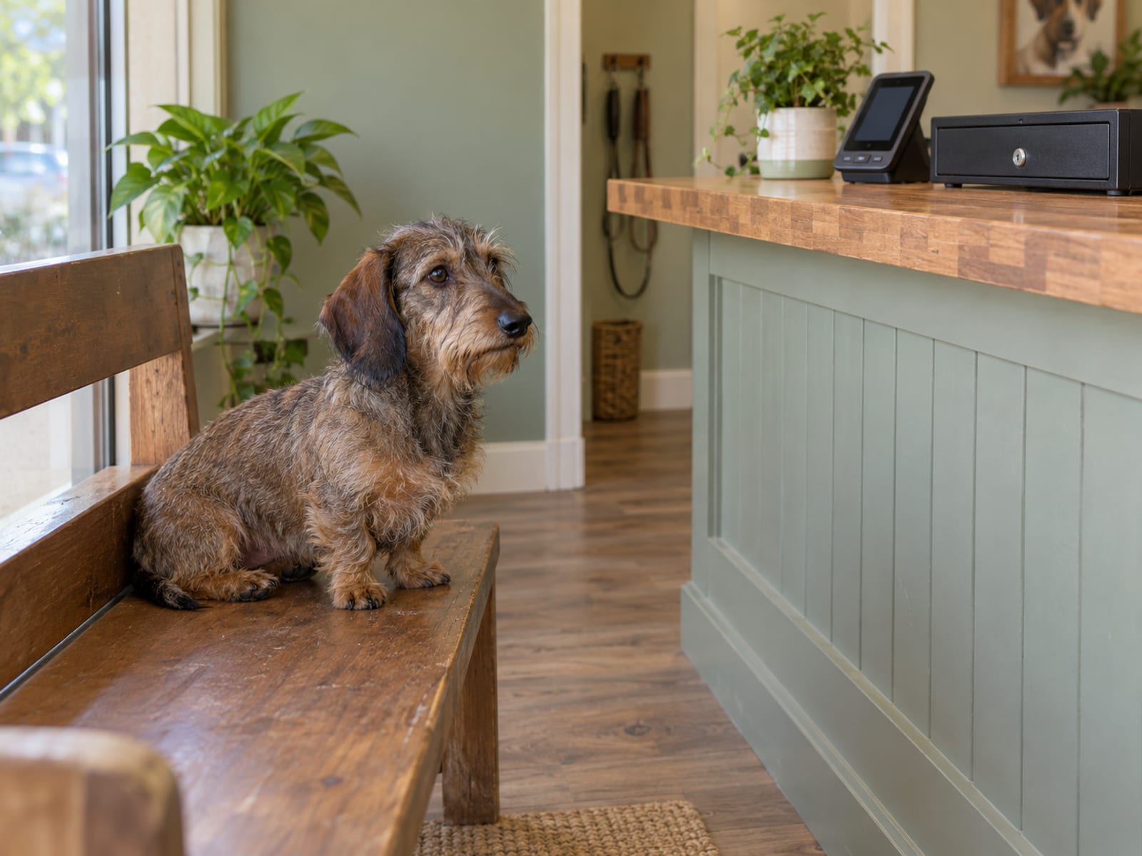 Wire-haired dachshund sitting on a bench near the front counter of a tidy grooming shop with a closed cash drawer and blank card reader