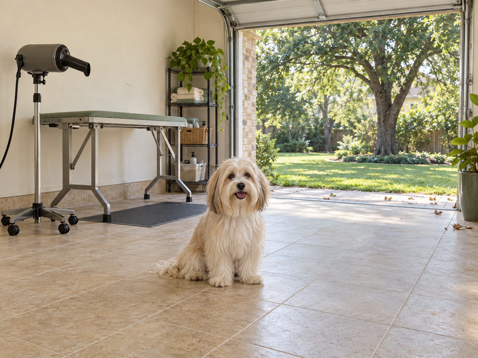Havanese sitting on the tiled floor of a sunny converted garage room with a plain grooming table against the wall and a dryer on a stand, the garage door open onto a green lawn