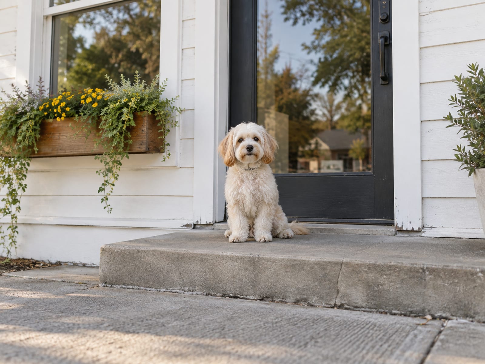Cream Maltipoo sitting on the front step of a small white single-story shop building with a plain glass door and a window planter