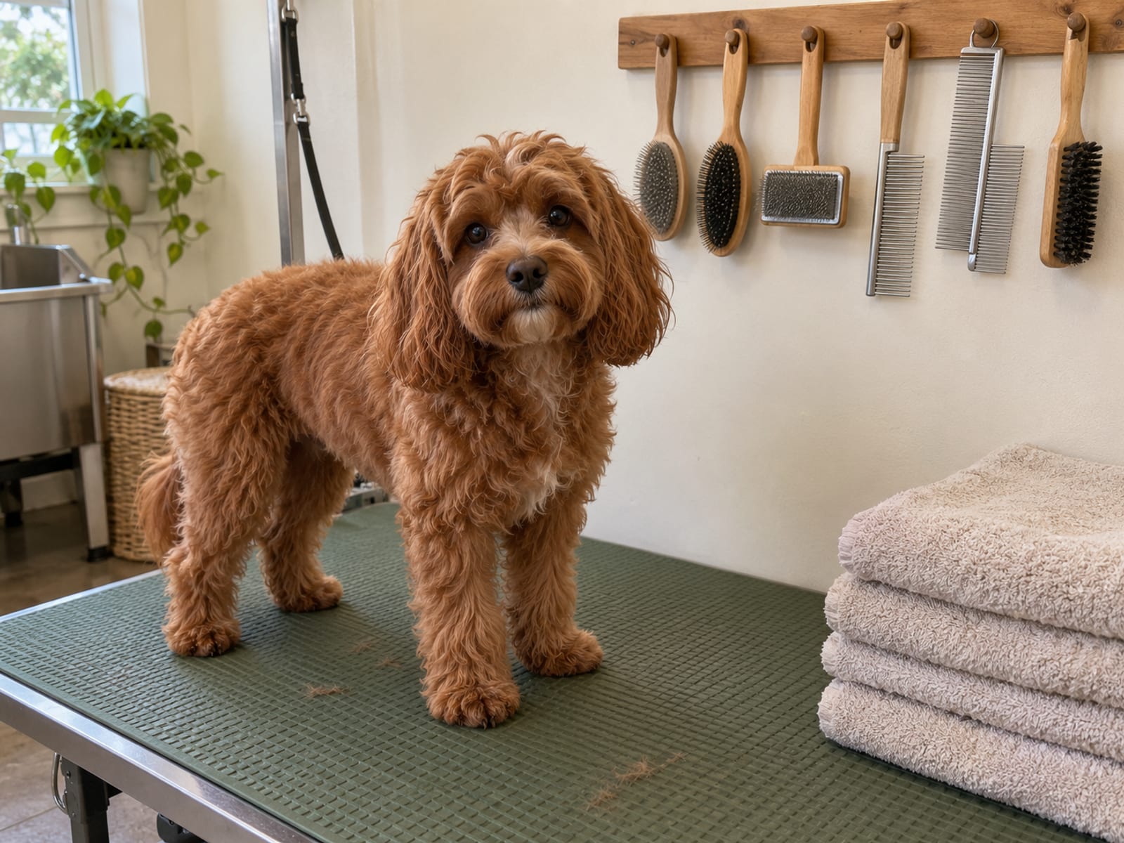 Ruby Cavapoo standing on a non-slip mat beside a stack of folded towels and a row of plain unlabeled brushes on a wall rack