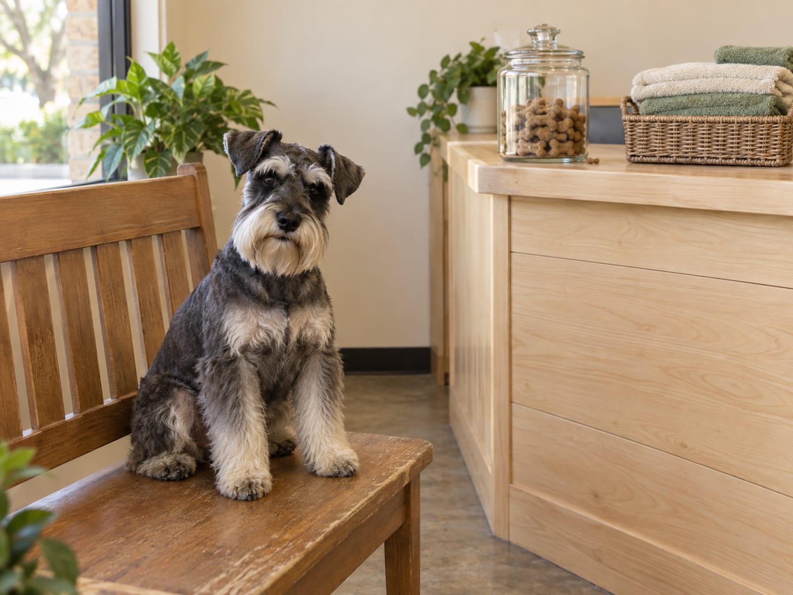 Salt and pepper miniature schnauzer sitting on a bench beside a plain reception counter holding an unlabeled jar of dog treats and a basket of folded towels
