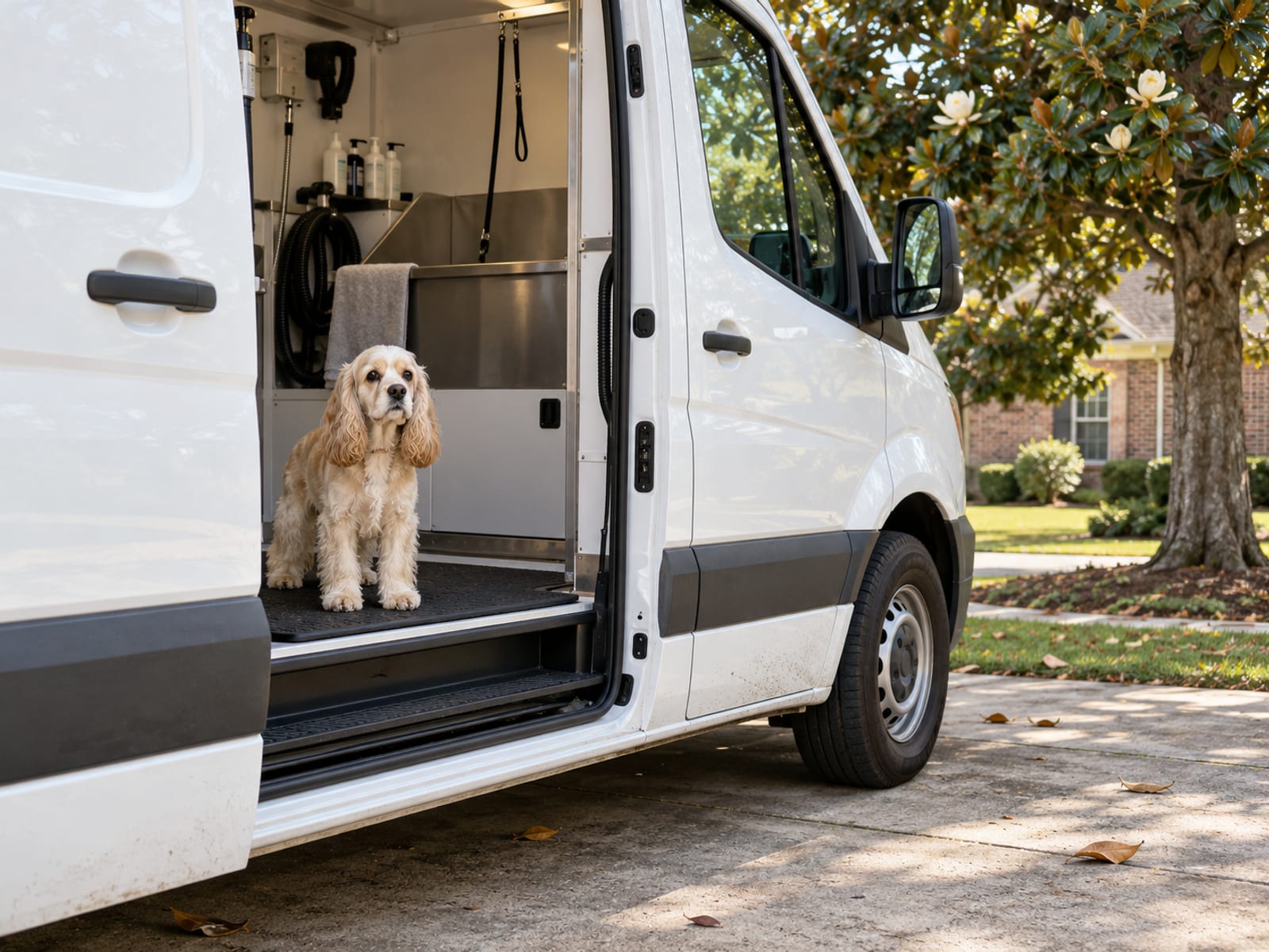 Camioneta blanca de peluquería canina sin rótulos en la entrada de una casa junto a un magnolio, con la puerta lateral abierta a un interior limpio y un cocker spaniel color crema esperando sobre un tapete de goma