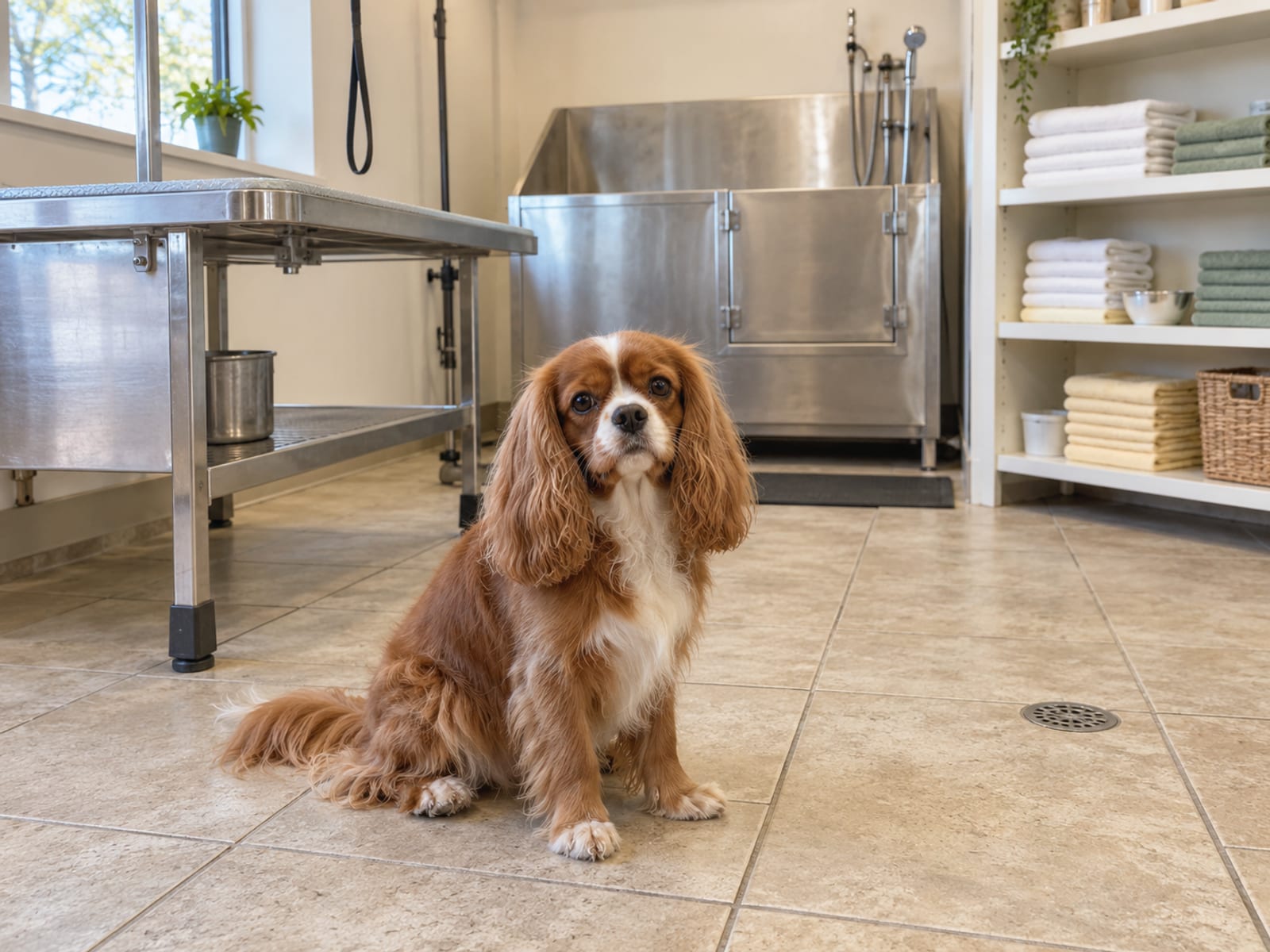 Peluquería canina vacía y ordenada con mesa de acero inoxidable, tina de acceso fácil y estantes de toallas dobladas, con un Cavalier King Charles spaniel color albaricoque recién cepillado sentado en el piso de loseta