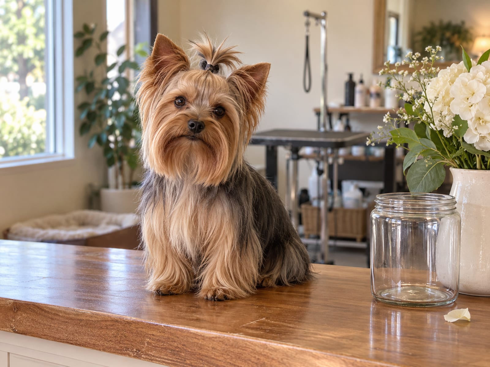 Yorkshire terrier sedoso recién arreglado sentado sobre el mostrador de recepción de una peluquería pequeña y luminosa, junto a un frasco de vidrio sencillo y un florero con flores blancas