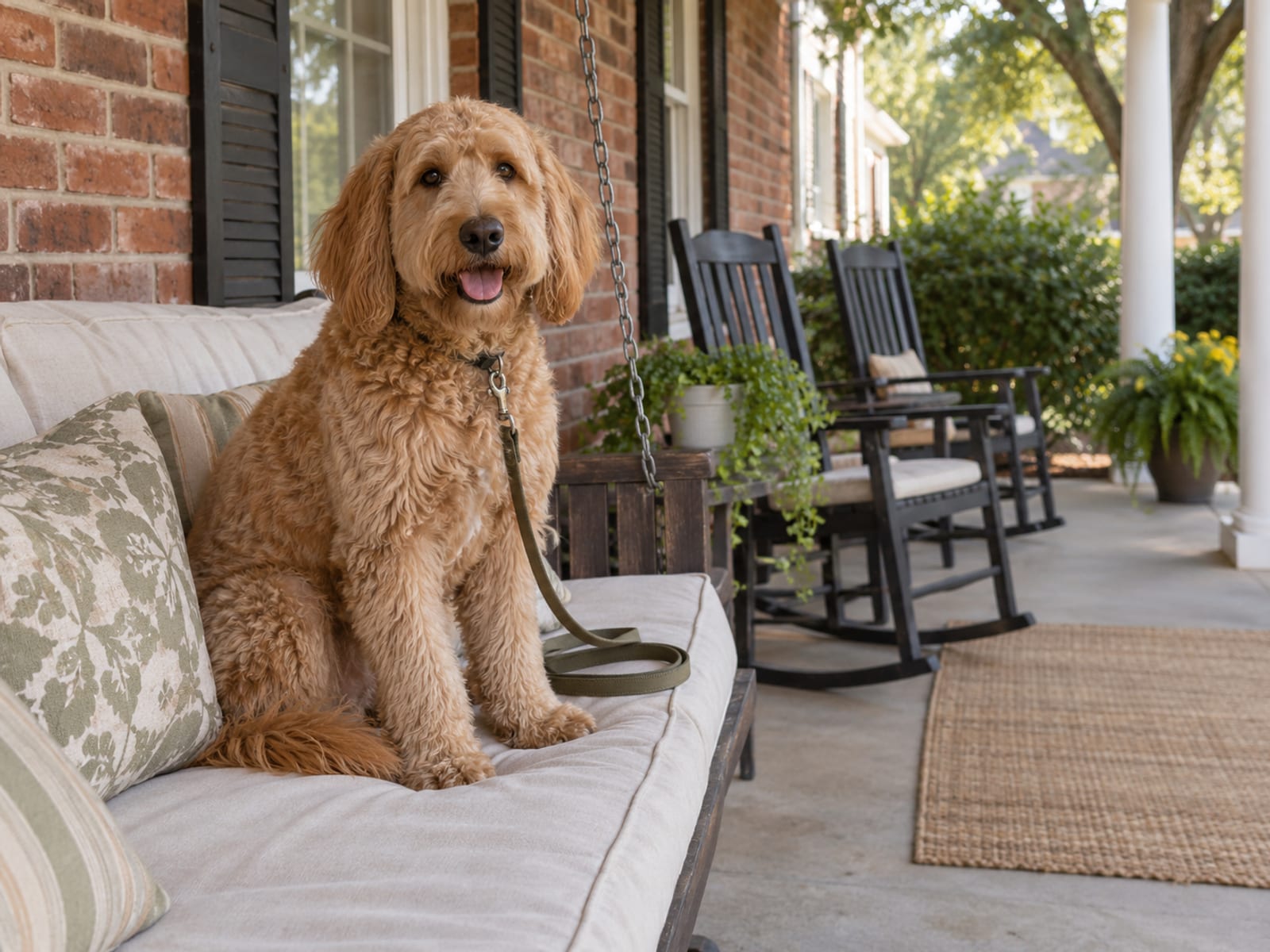 Friendly golden Labradoodle sitting on a porch swing cushion at a Georgia brick house with rocking chairs and a plain leash coiled beside it