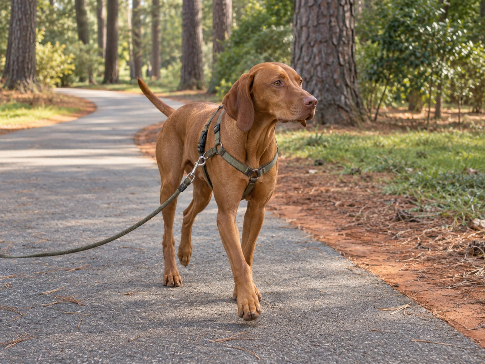 Gentle red Vizsla walking on a loose leash along a tree-lined paved path in a city park with red clay edging and pines, the leash running out of frame
