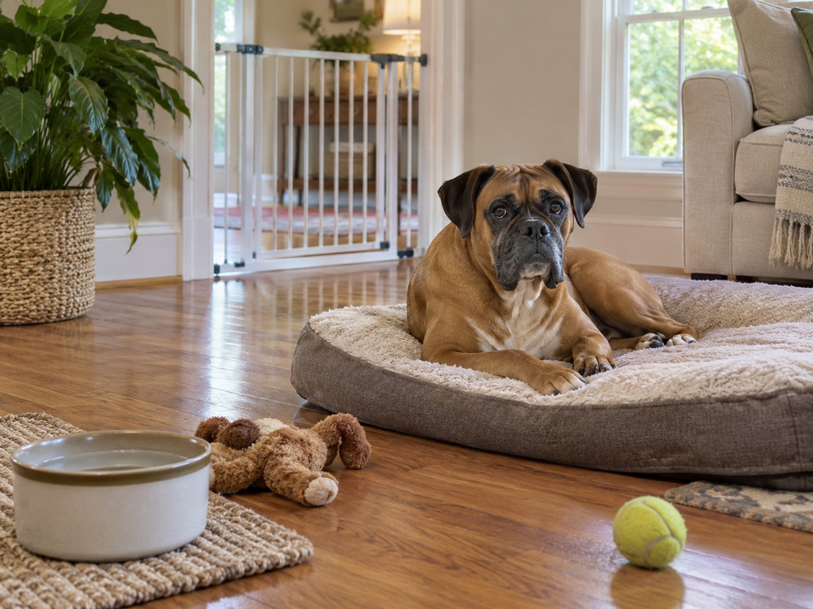 Calm tan Boxer lying on a dog bed in a bright, spacious home sitting room with a gated doorway, a water bowl and a couple of toys on the wood floor