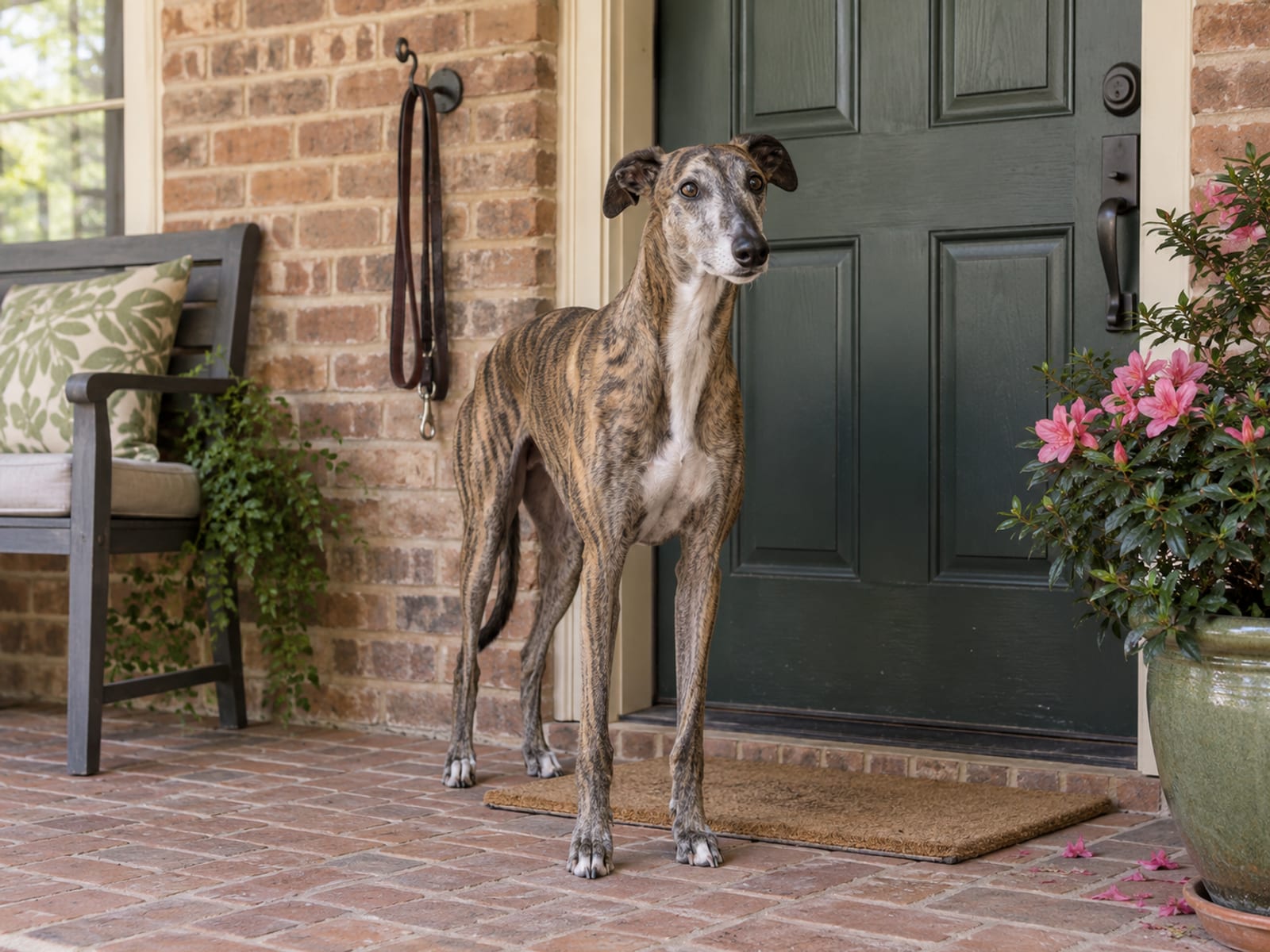 Brindle Greyhound waiting calmly at a front door beside a plain leash on a wall hook, a tidy bench and a potted azalea on the porch