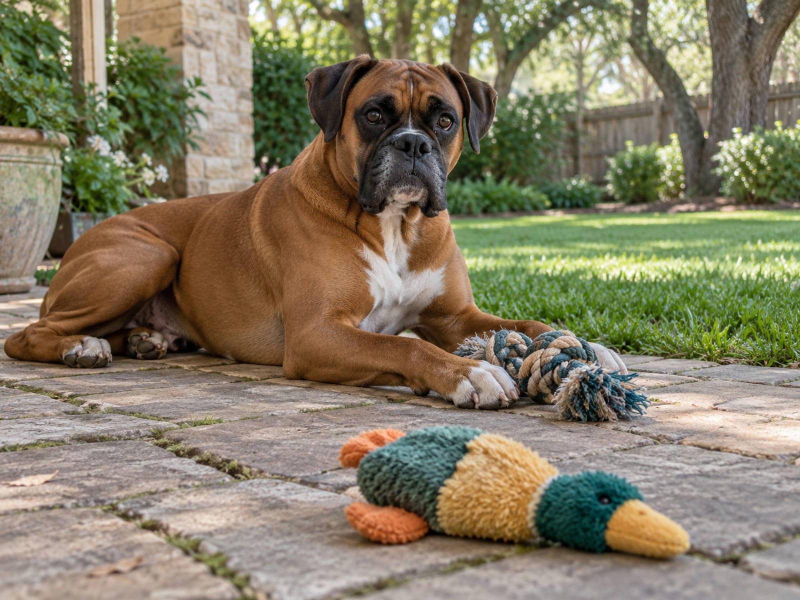 A boxer lying on a backyard patio with a rope toy between its front paws and a second squeaky toy just in front