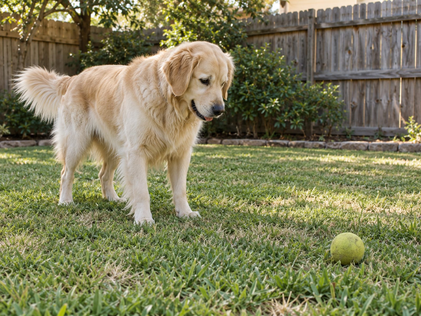 A cream-colored golden retriever standing on a short patch of St. Augustine grass looking at a rubber ball a few feet away