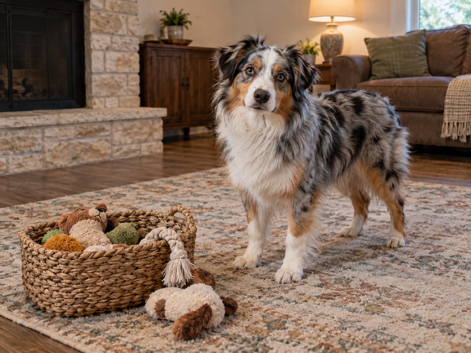 An Australian shepherd standing on a rug-covered living room floor beside a small basket of soft toys with furniture pushed back