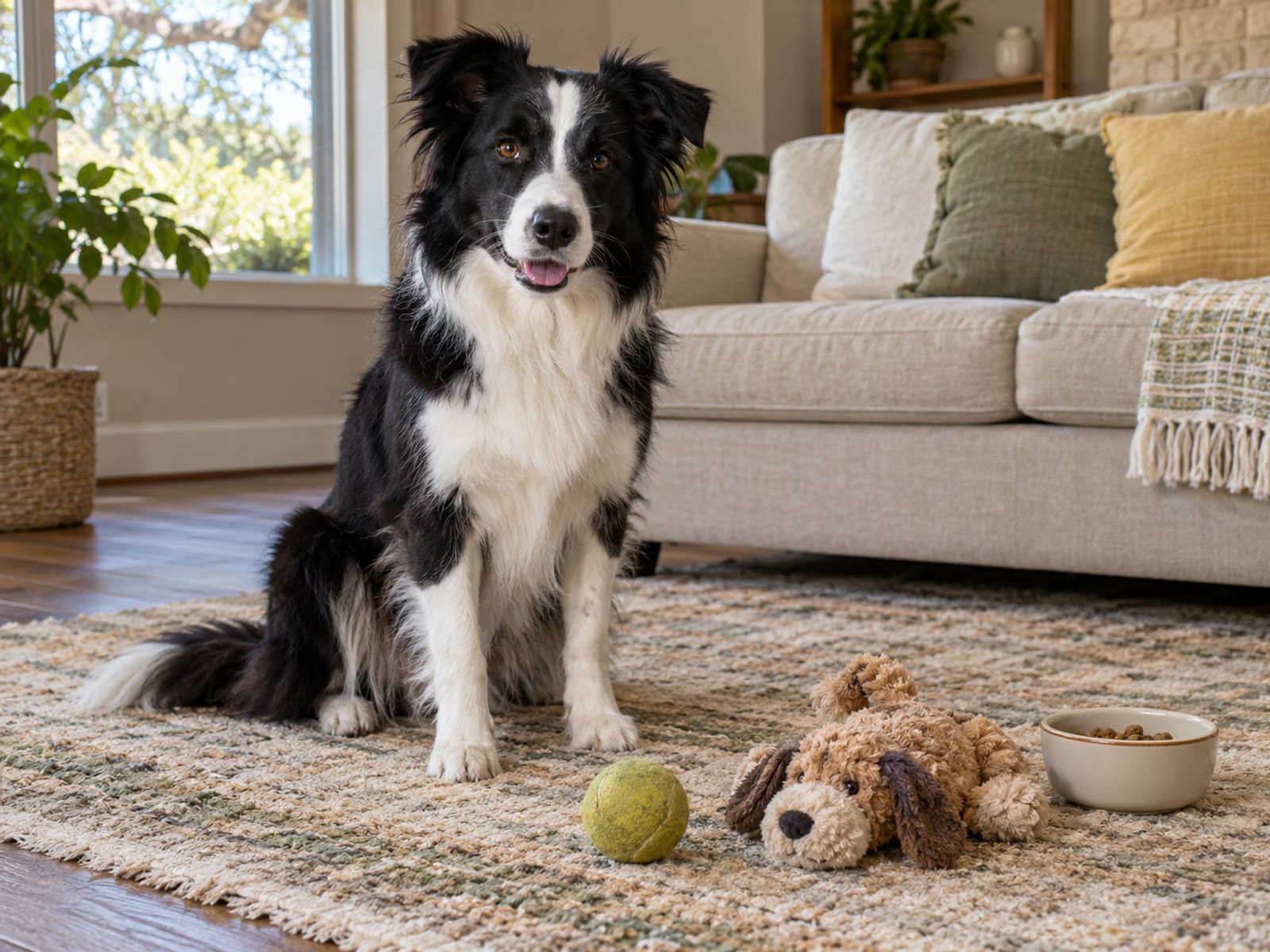 A border collie sitting on a living room rug in front of a plain rubber ball and a soft toy side by side with a small bowl of treats nearby