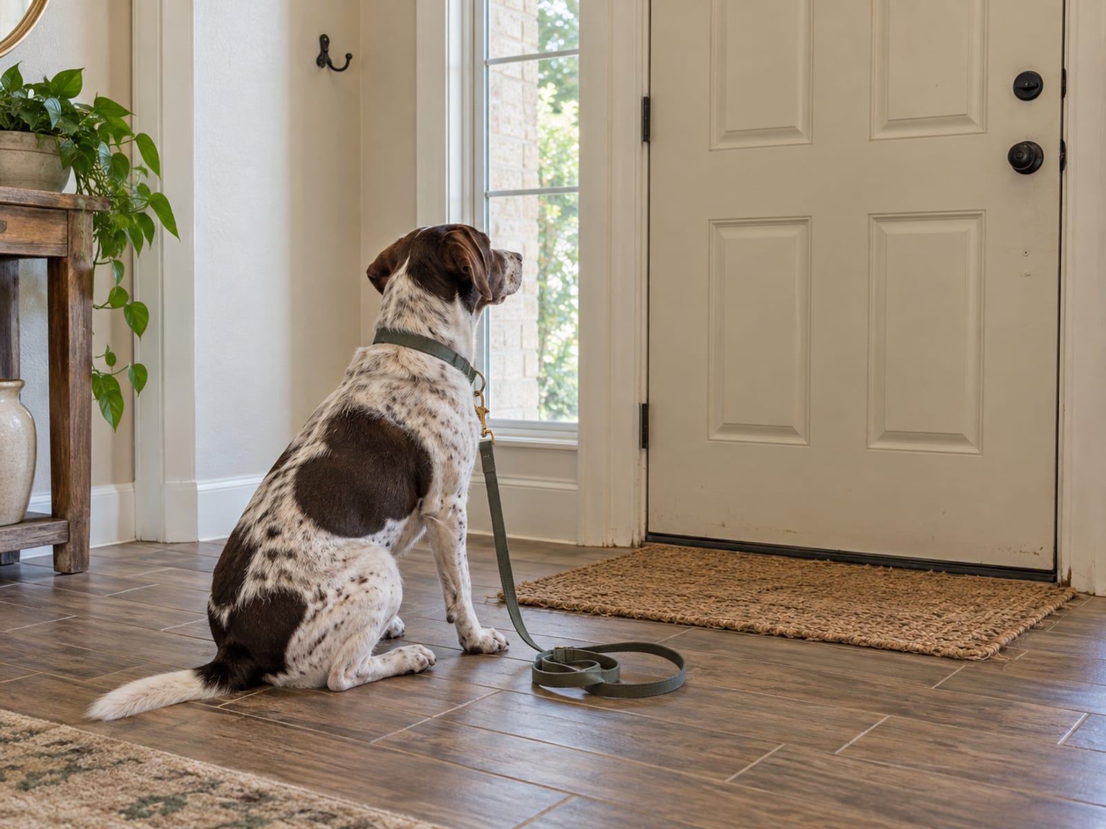 Dog sitting calmly beside a closed front door with a leash lying on the entry floor