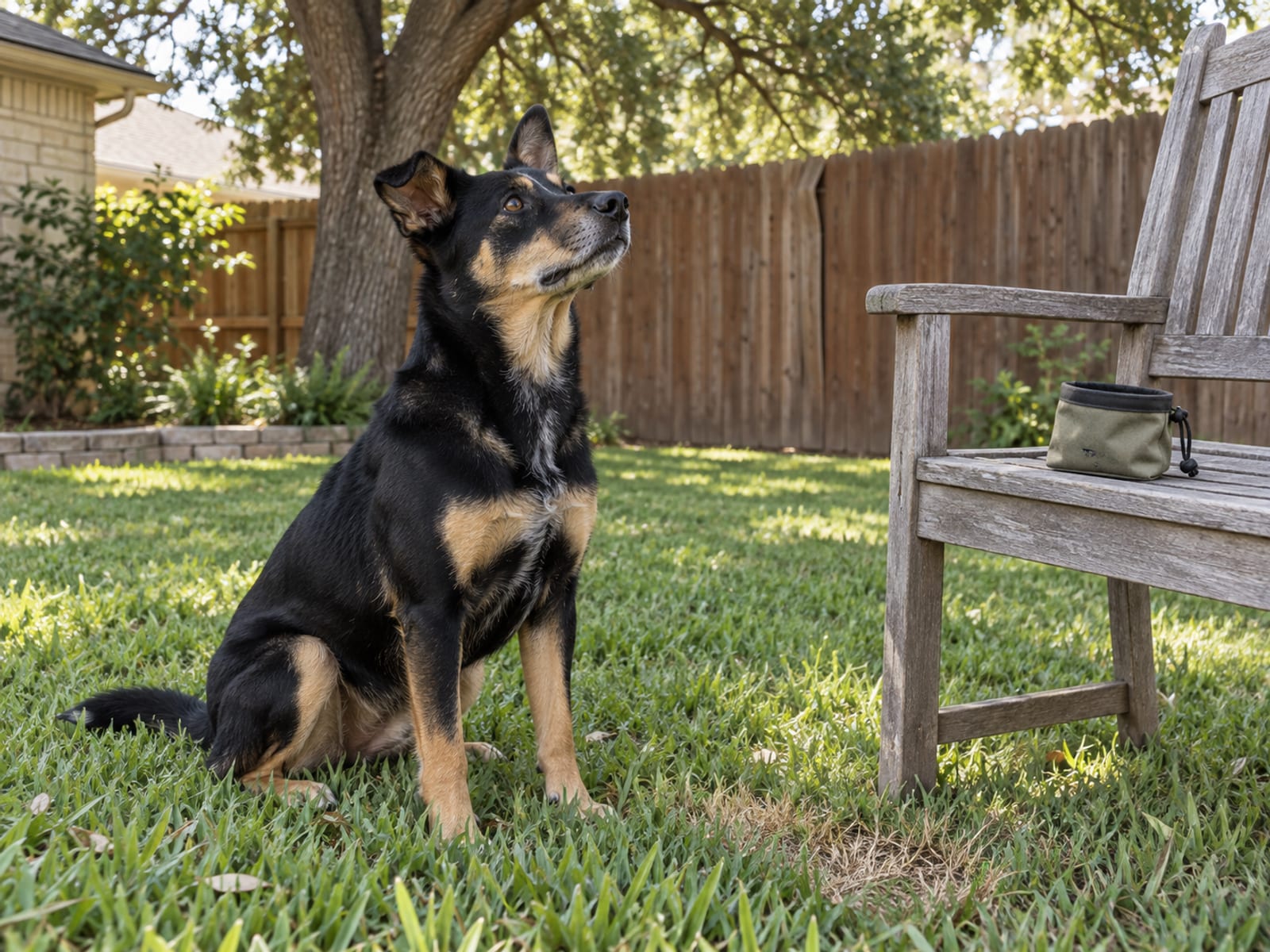 Medium mixed-breed dog sitting on a backyard lawn looking up, a treat pouch on a garden chair beside it