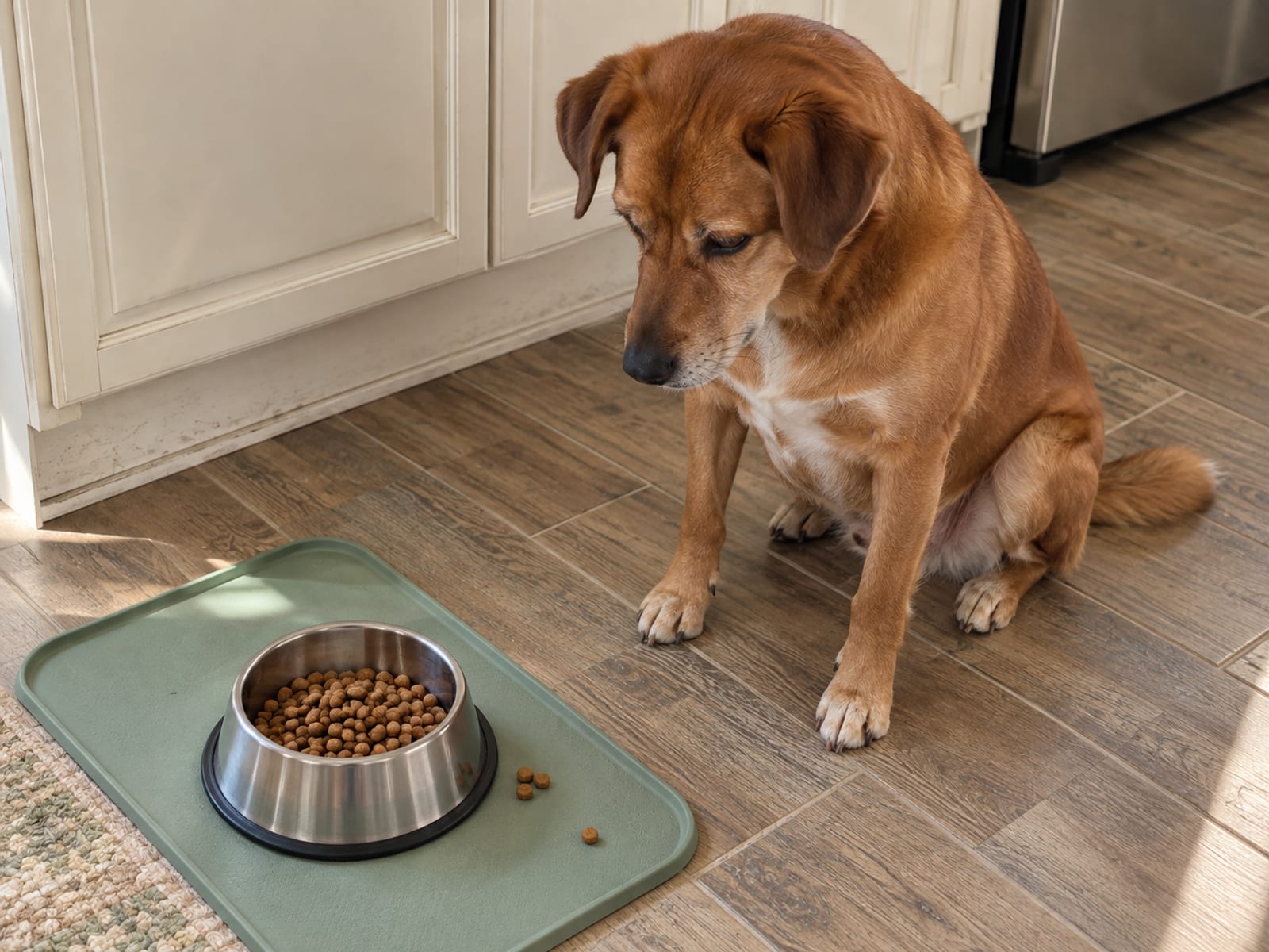 Dog sitting patiently beside a food bowl on a mat on the kitchen floor