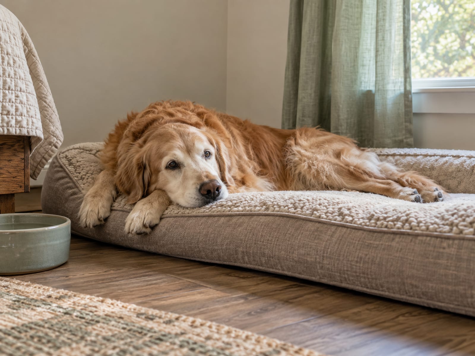 Senior dog lying on a soft padded bed with its hind legs stretched out in a quiet room