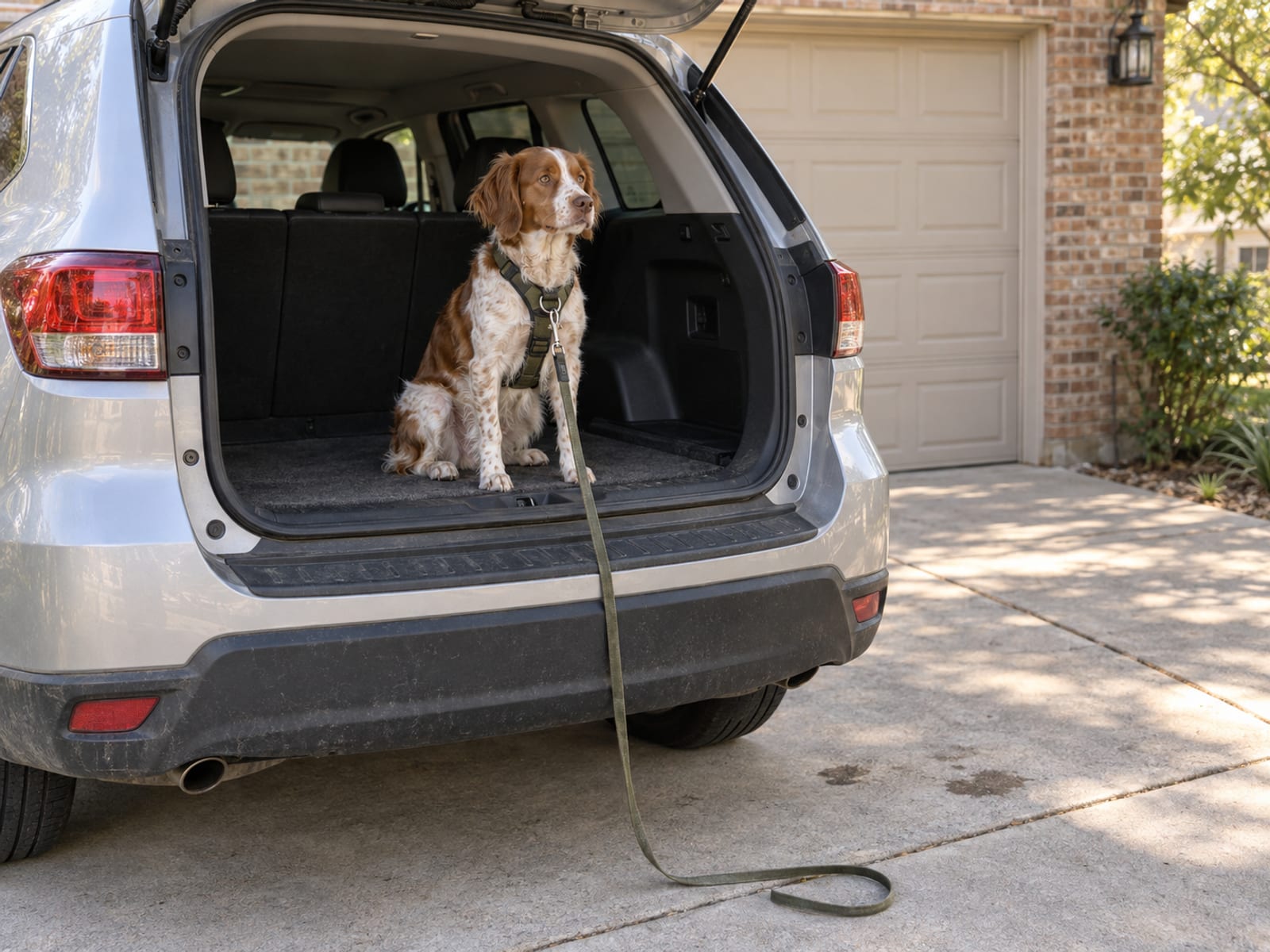 Brown and white Brittany sitting in the open rear hatch of a parked SUV with a leash trailing slack from its harness onto the driveway