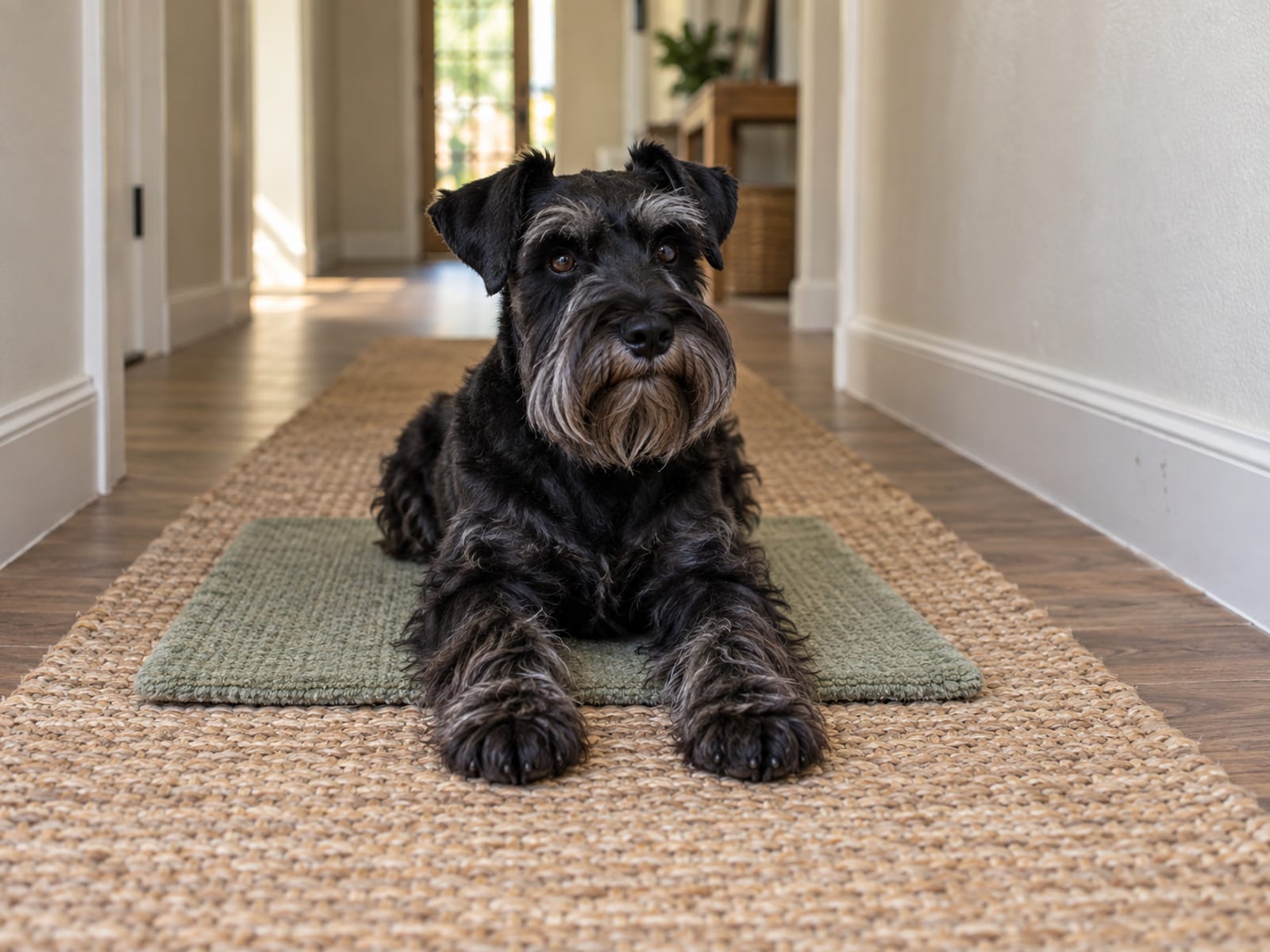 Black miniature schnauzer lying on a hallway runner with its front paws just past the edge of a small mat, head up and watchful