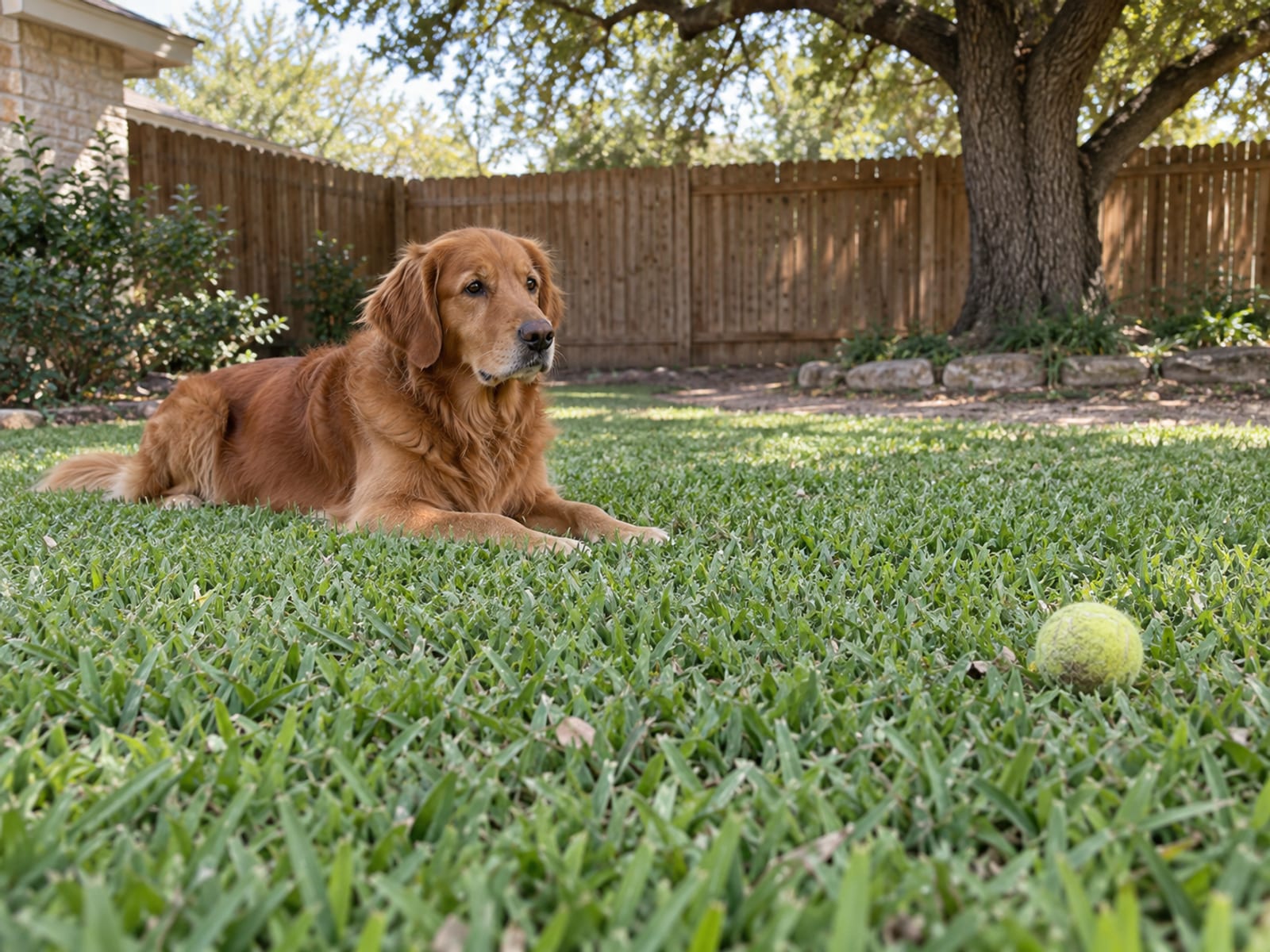 Red golden retriever lying in a down stay on a backyard lawn with a tennis ball in the grass several feet away