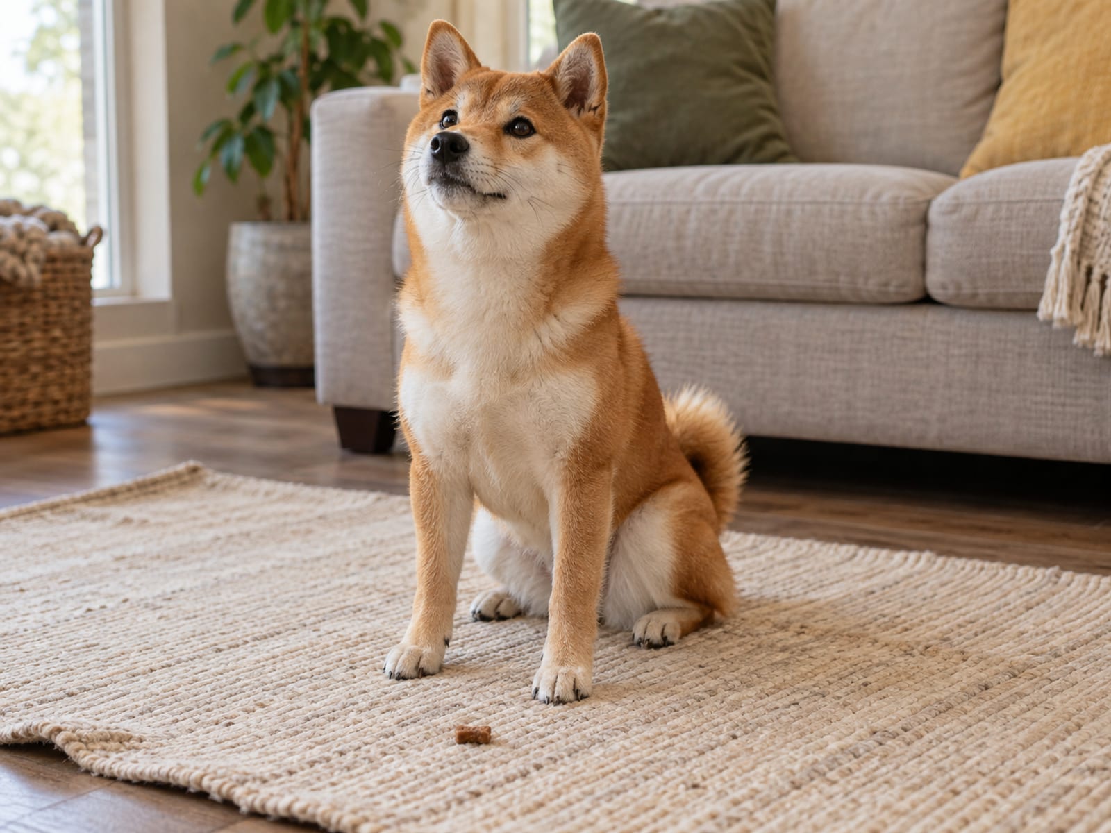 Young tan Shiba Inu sitting on a living room rug with a single small treat on the rug in front of its paws