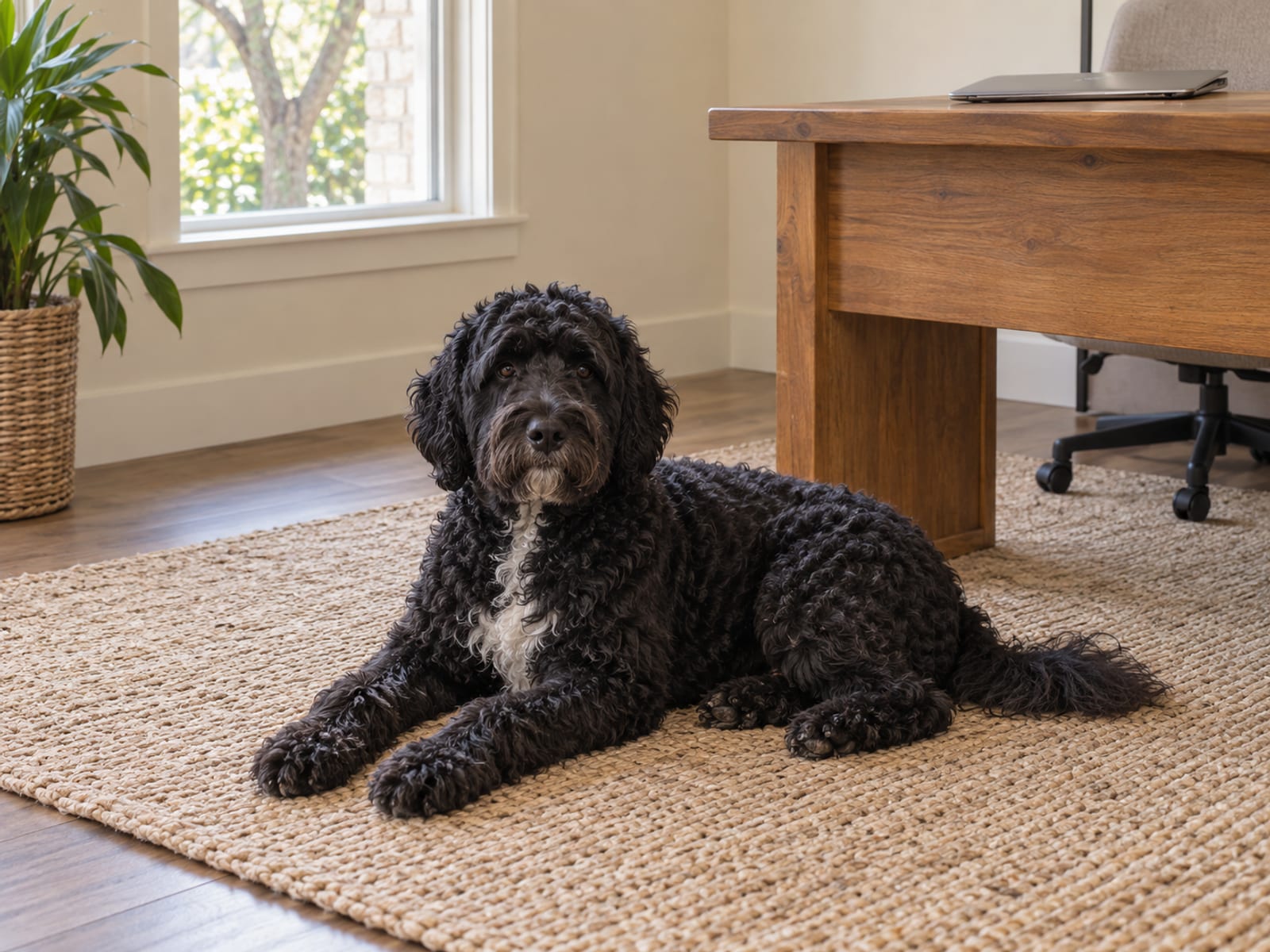 A Portuguese water dog lies on a rug in a tidy home office beside a plain wooden desk with a closed laptop