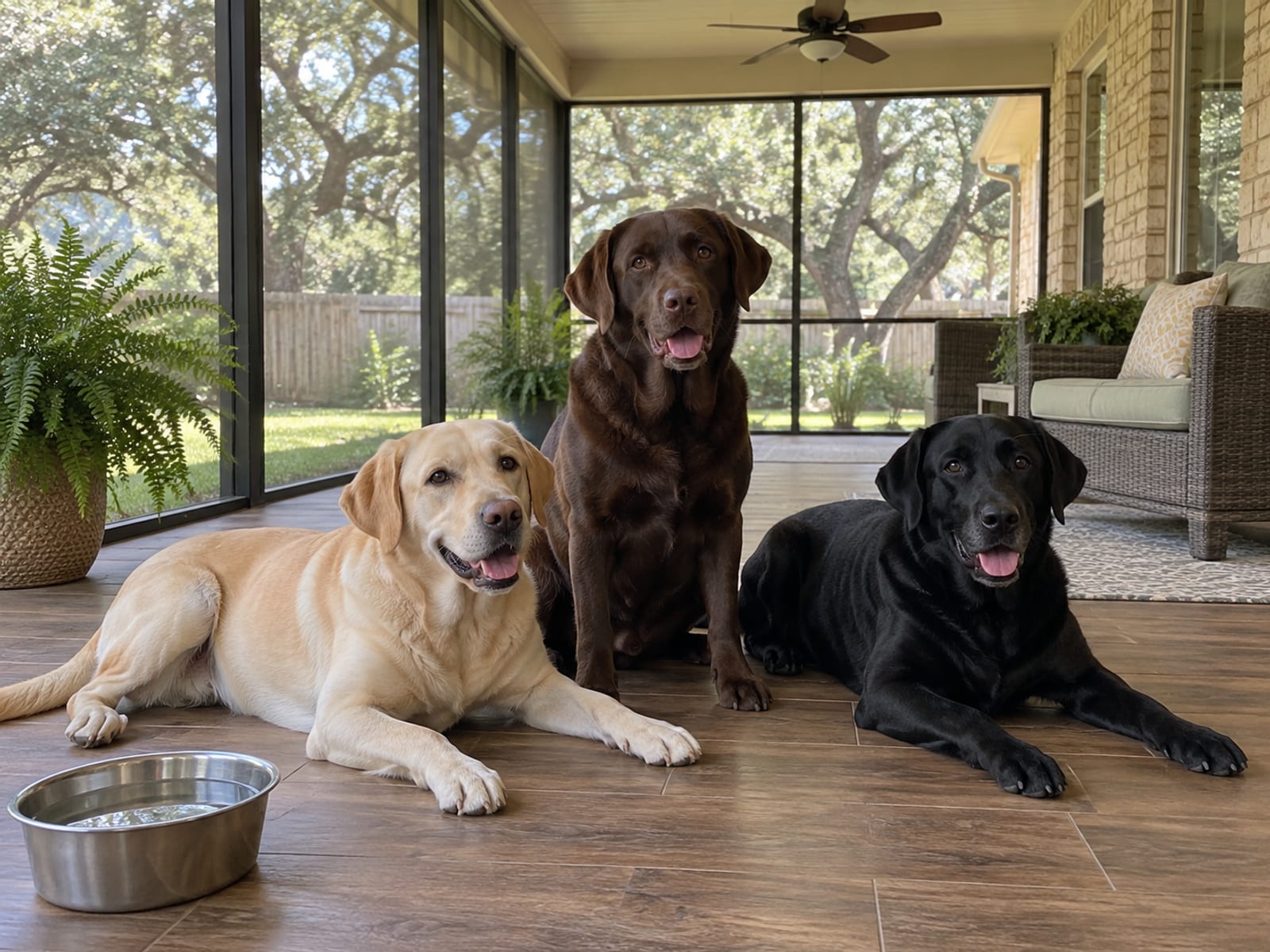 Three adult female Labrador retrievers of different coats rest together on a wide screened porch with a full water bowl and a ceiling fan