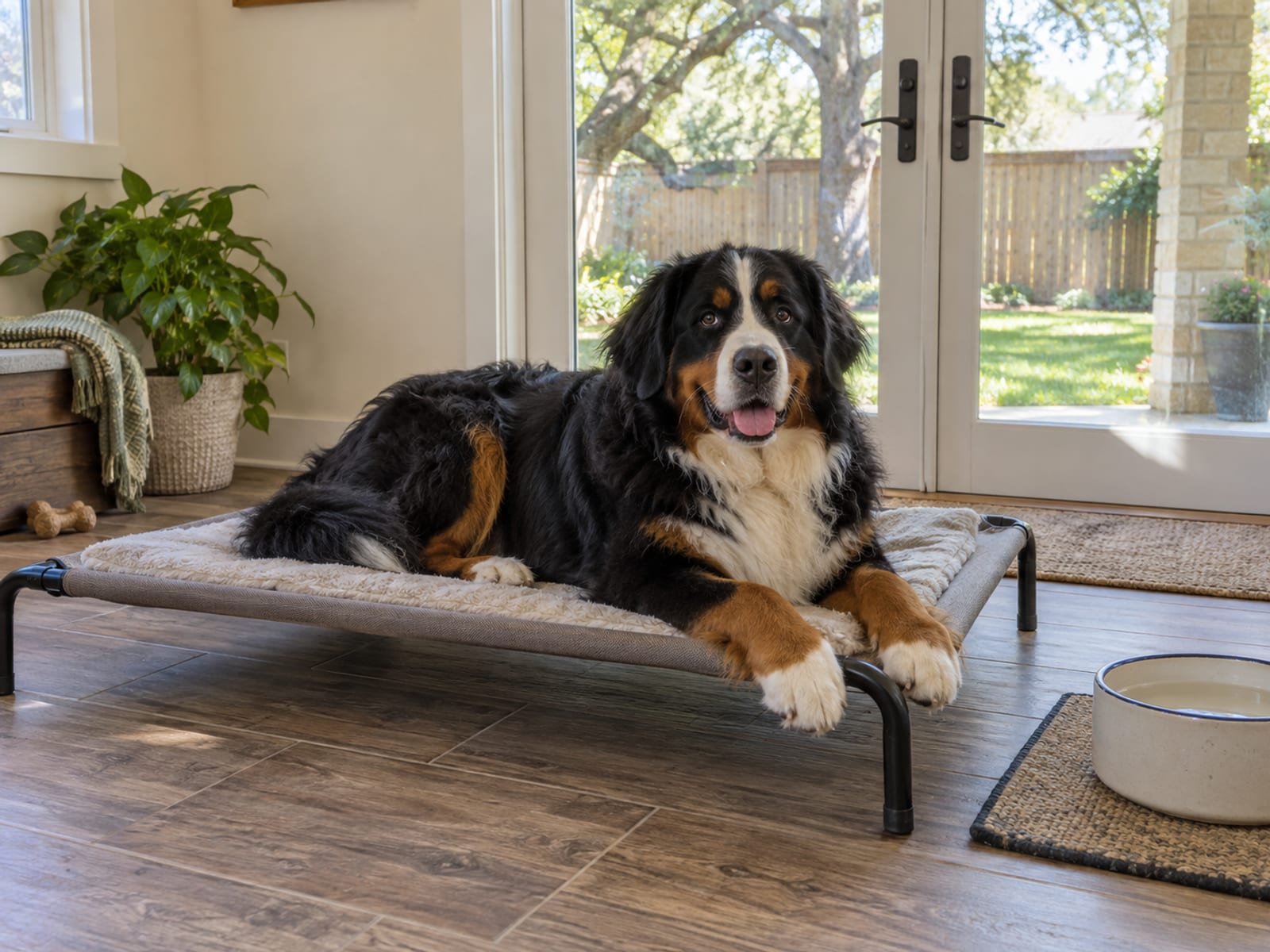 A Bernese mountain dog rests on a clean raised bed in a bright roomy indoor dog room with a glass door to a fenced yard