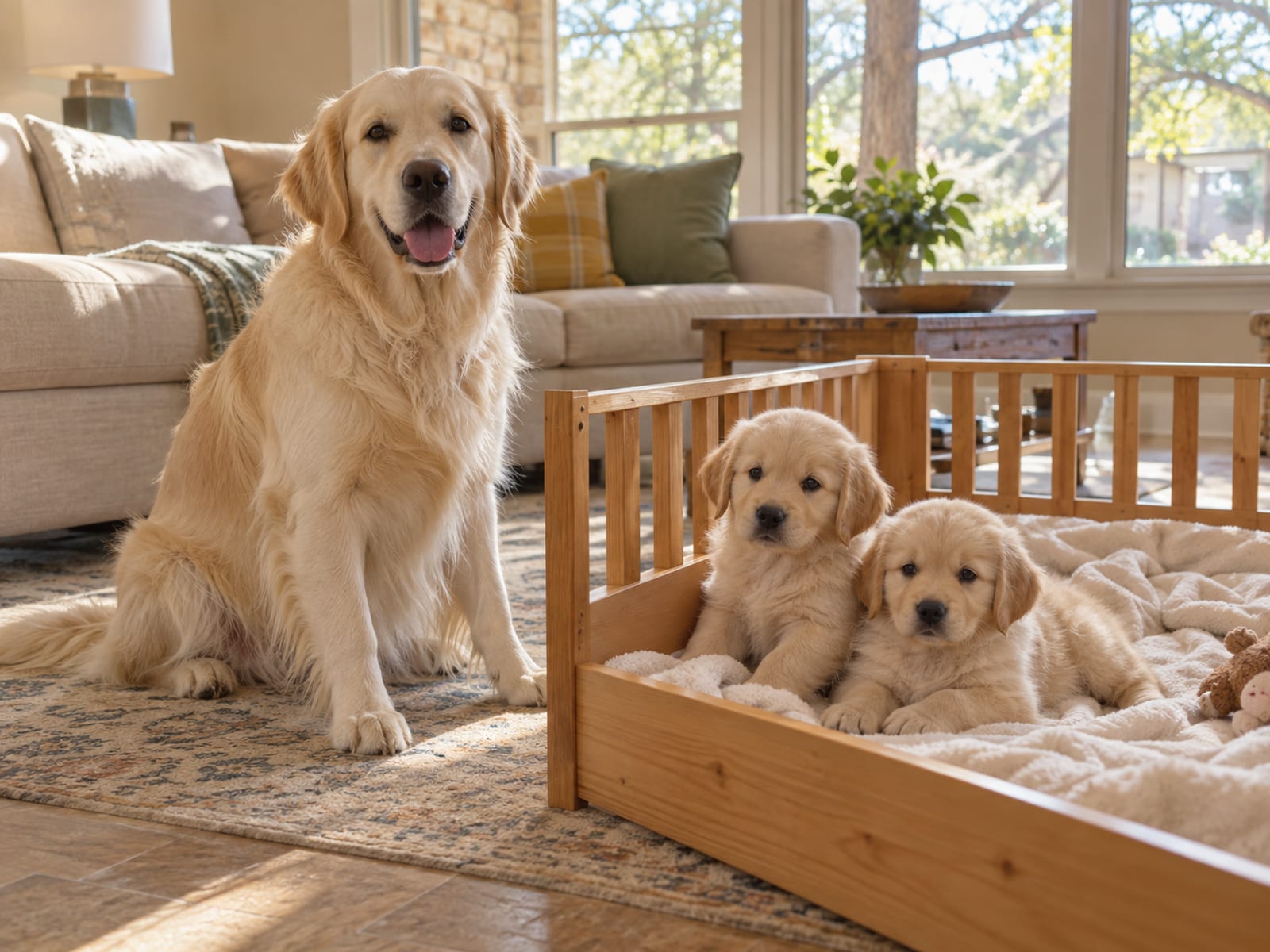A cream golden retriever mother sits in a sunny living room beside a low wooden play pen holding two eight-week-old puppies on a clean blanket