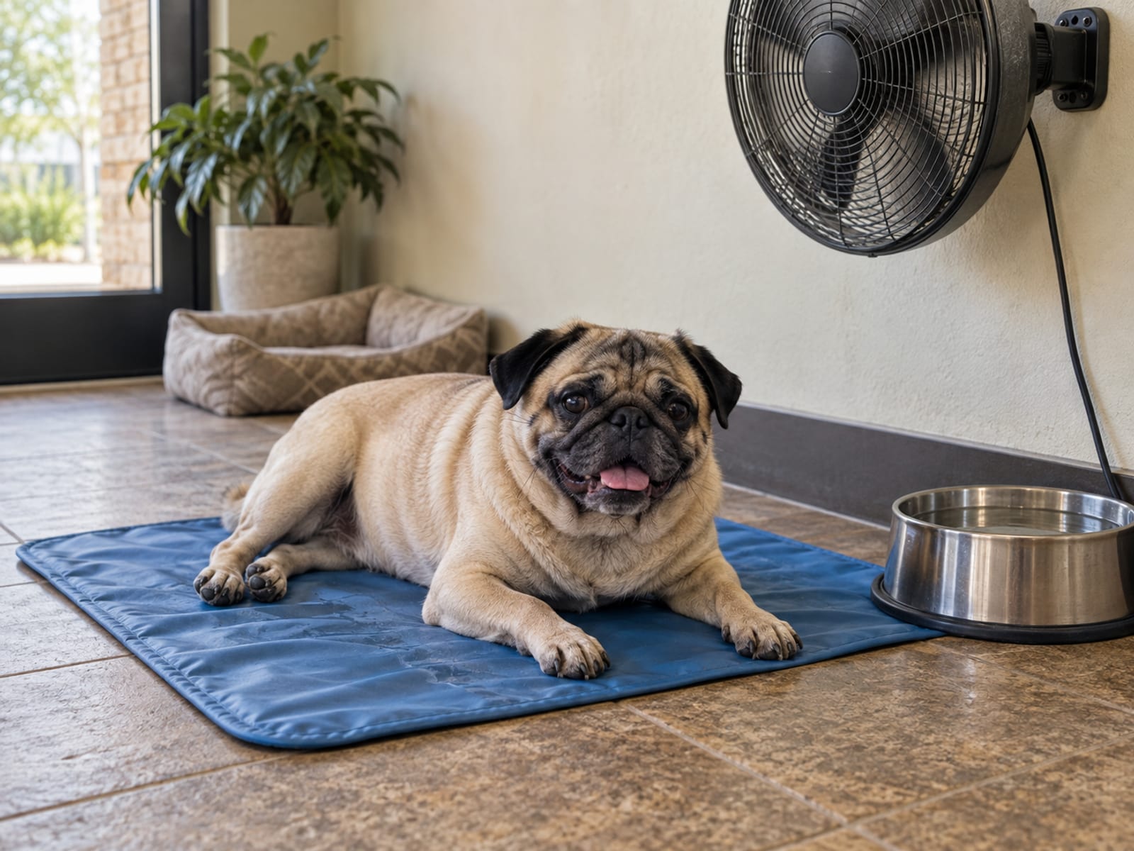 Pug tranquilo acostado en un tapete refrescante en un rincón a la sombra de la recepción de una guardería, con un ventilador de pared y un plato de agua lleno