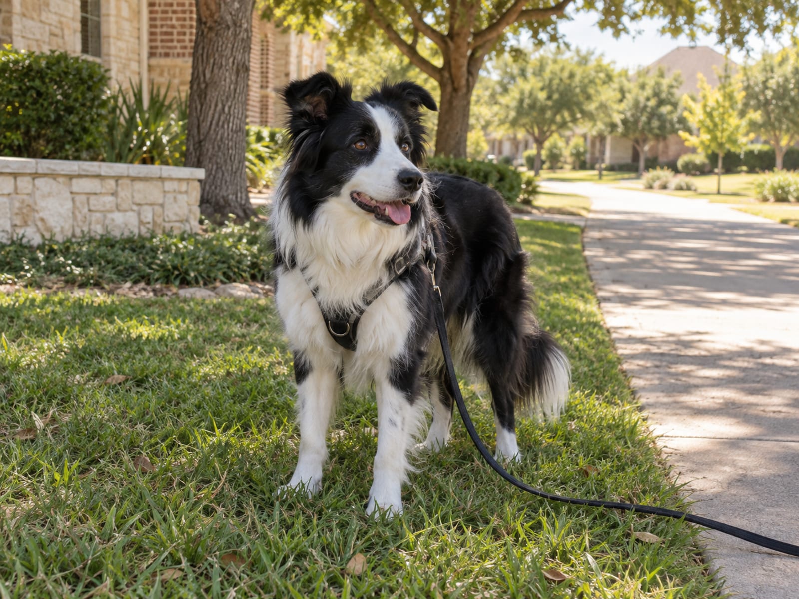 Border collie con arnés parado sobre pasto a la sombra junto a un camino pavimentado bajo el sol, con la correa suelta