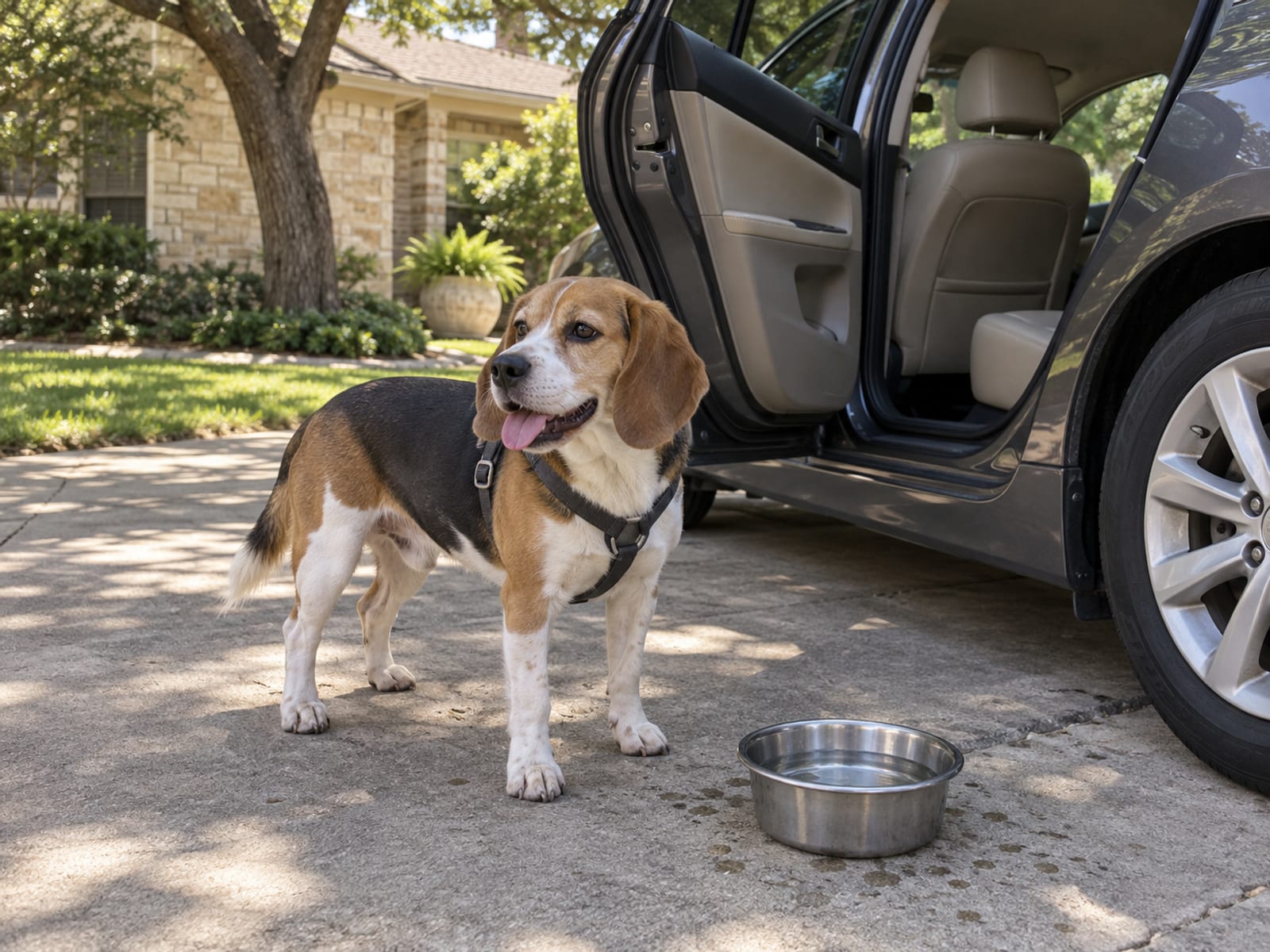 Beagle parado en una entrada de cochera a la sombra junto a la puerta trasera abierta de un auto estacionado con el asiento vacío, y un plato de agua lleno en el suelo