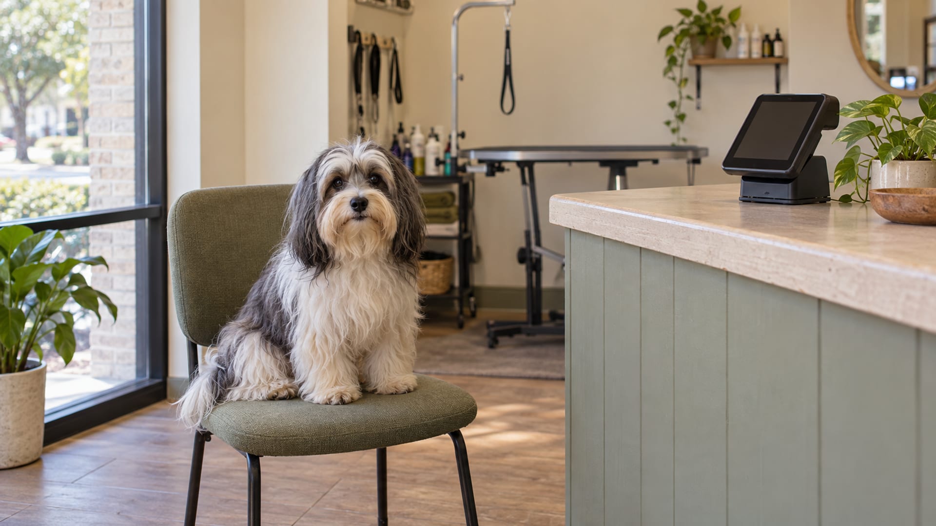 A Havanese sits on a chair beside the front counter of a small grooming shop with a card reader showing a blank screen
