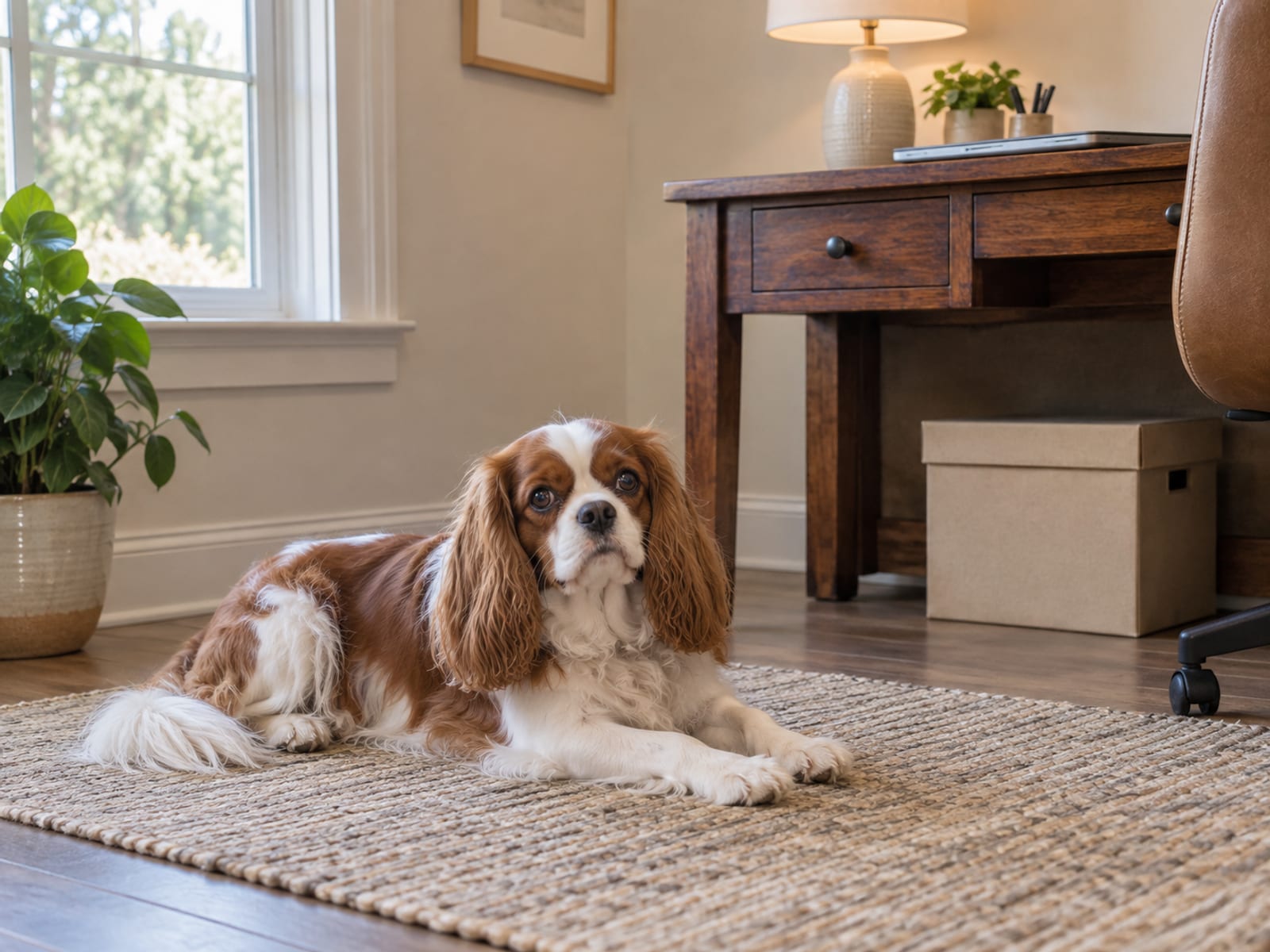 A Cavalier King Charles spaniel lies on a home office rug beside a wooden desk with a closed laptop, a blank archive box and a desk lamp