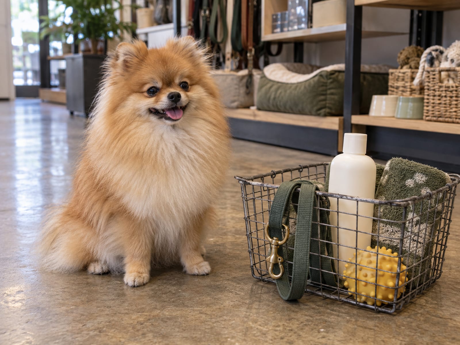 A Pomeranian sits on a shop floor beside a wire basket holding a plain unlabeled shampoo bottle, a leash and a rubber toy