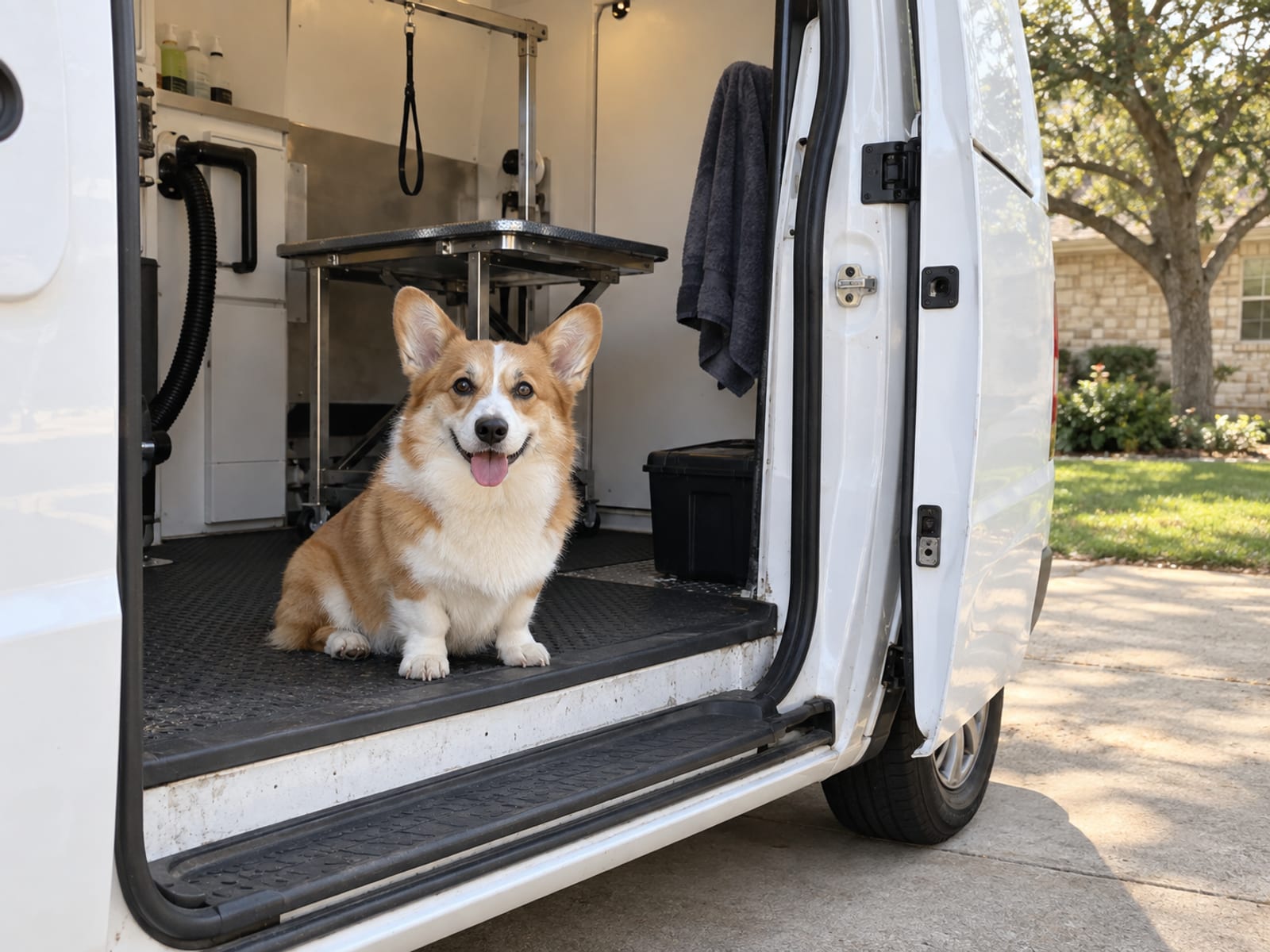 A Pembroke corgi sits in the open side door of a plain white mobile grooming van with a small grooming table and rubber mat inside