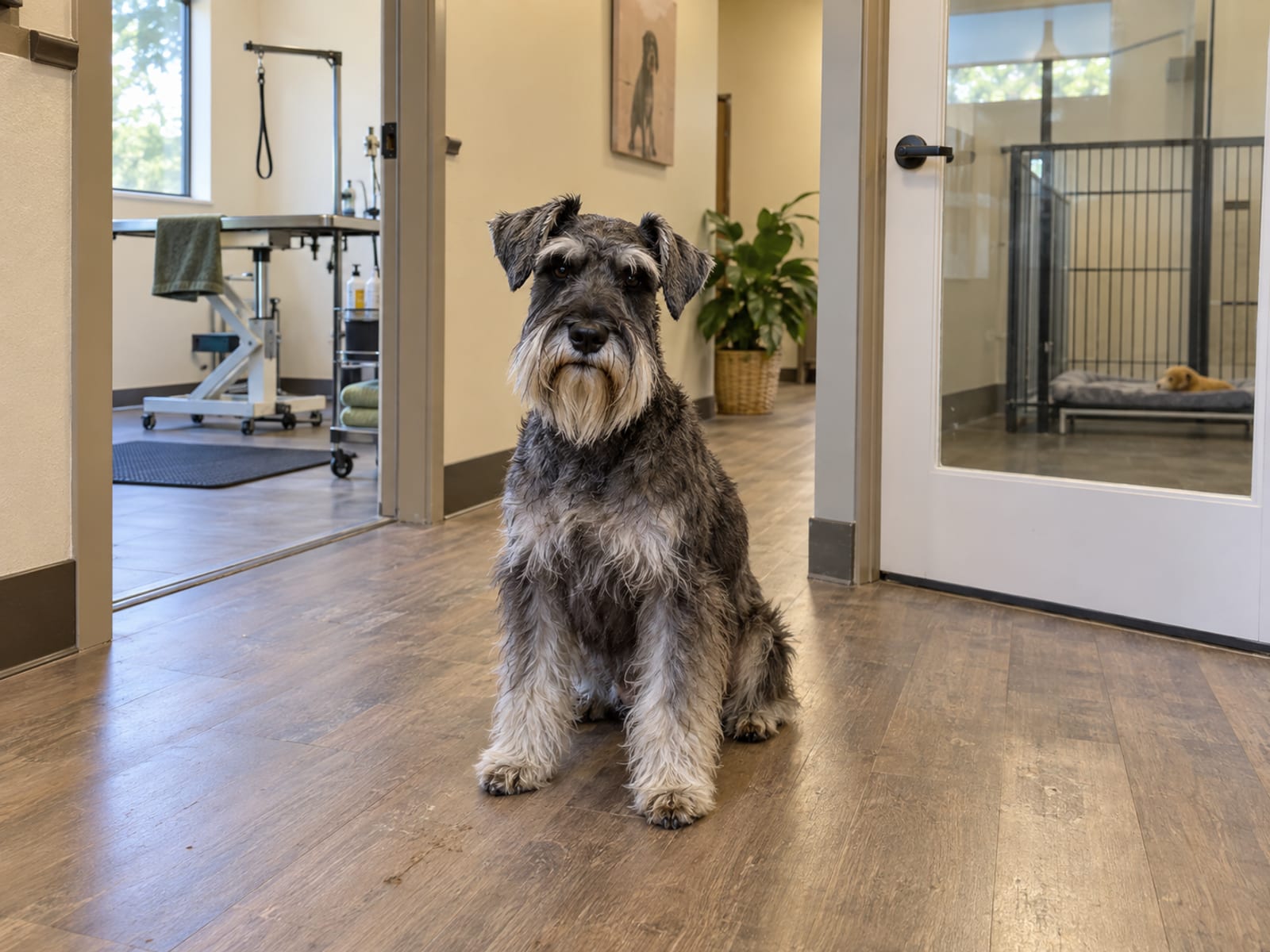 A standard schnauzer sits in the tidy hallway of a small dog care business with a grooming table through one doorway and a glass-paneled boarding door through another