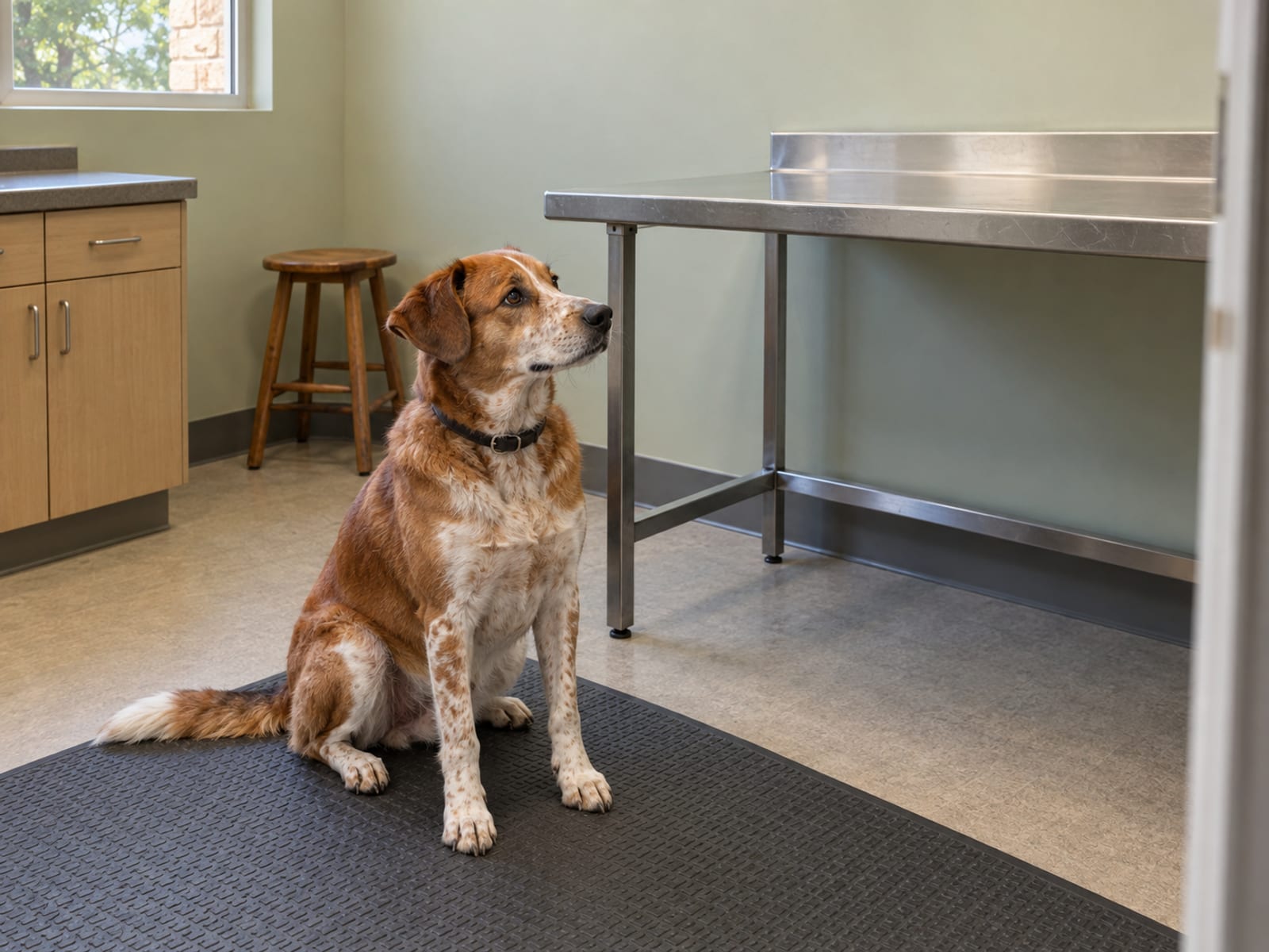 Perro sentado en un tapete de hule junto a una mesa de exploración de acero inoxidable vacía en un consultorio veterinario sencillo