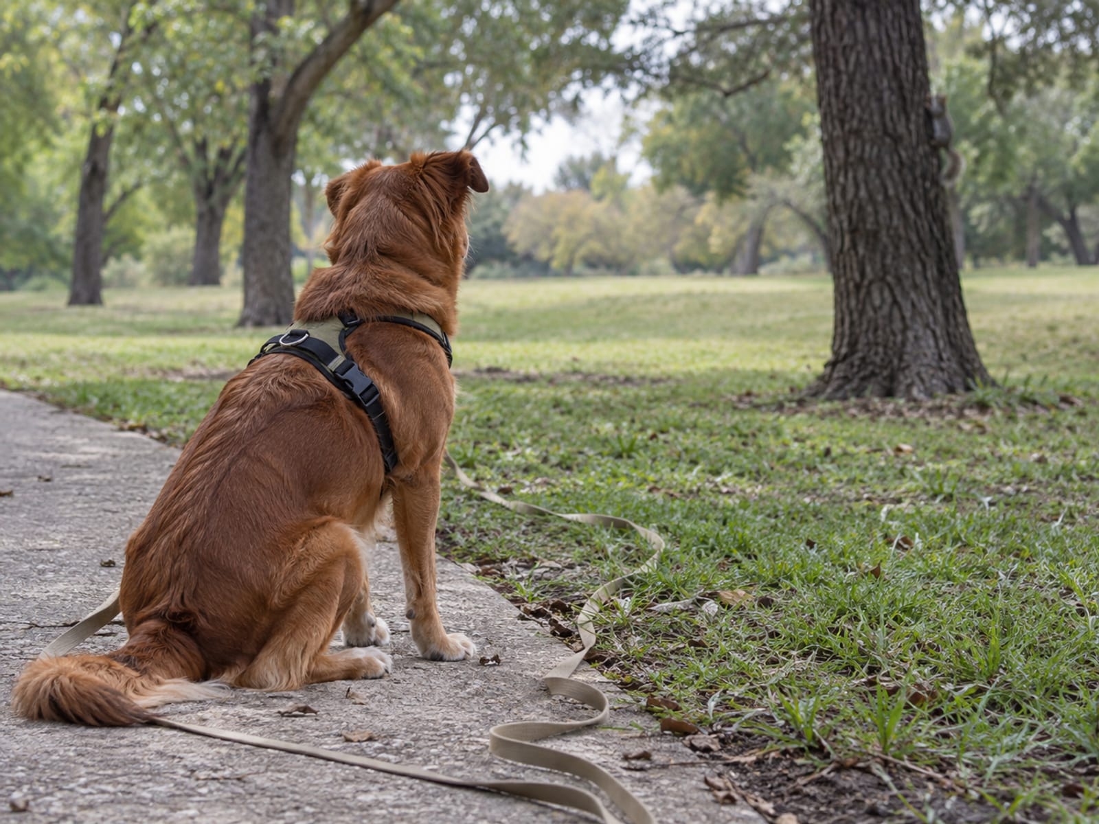 Dog on a slack long line sitting at the edge of a park path with a squirrel on a distant tree trunk