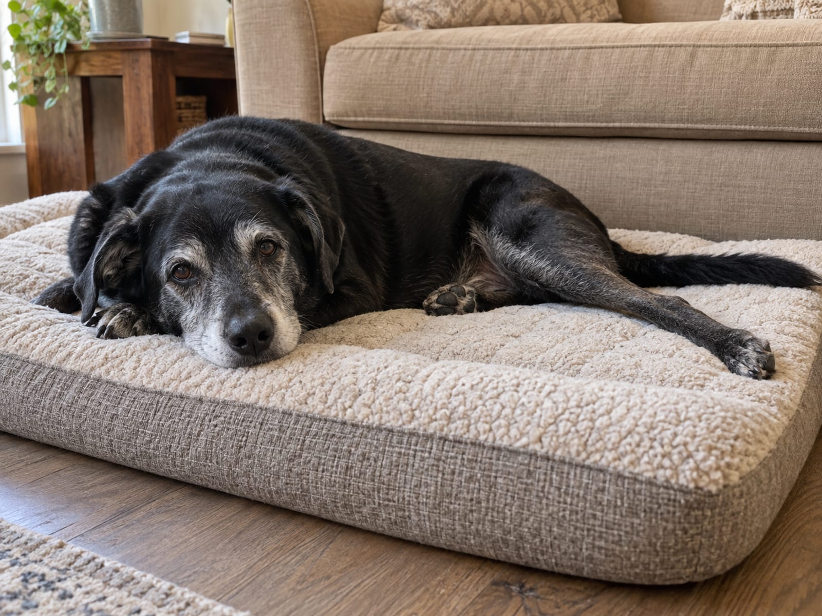 Older mixed-breed dog with a greying muzzle lying on an orthopedic dog bed in a living room, one hind leg stretched out