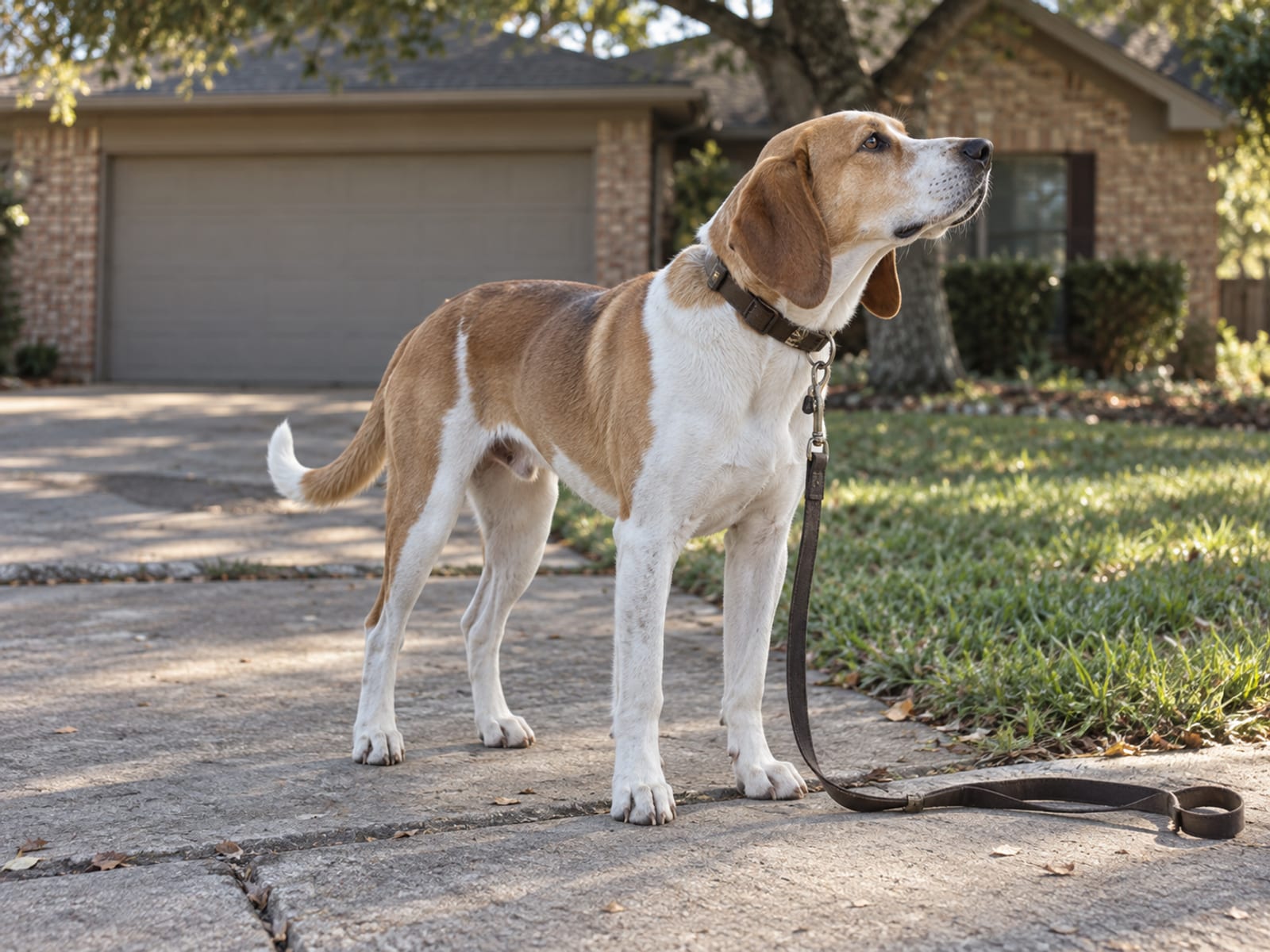 Hound mix standing still at the end of a driveway with its head turned toward a scent and its leash lying on the concrete