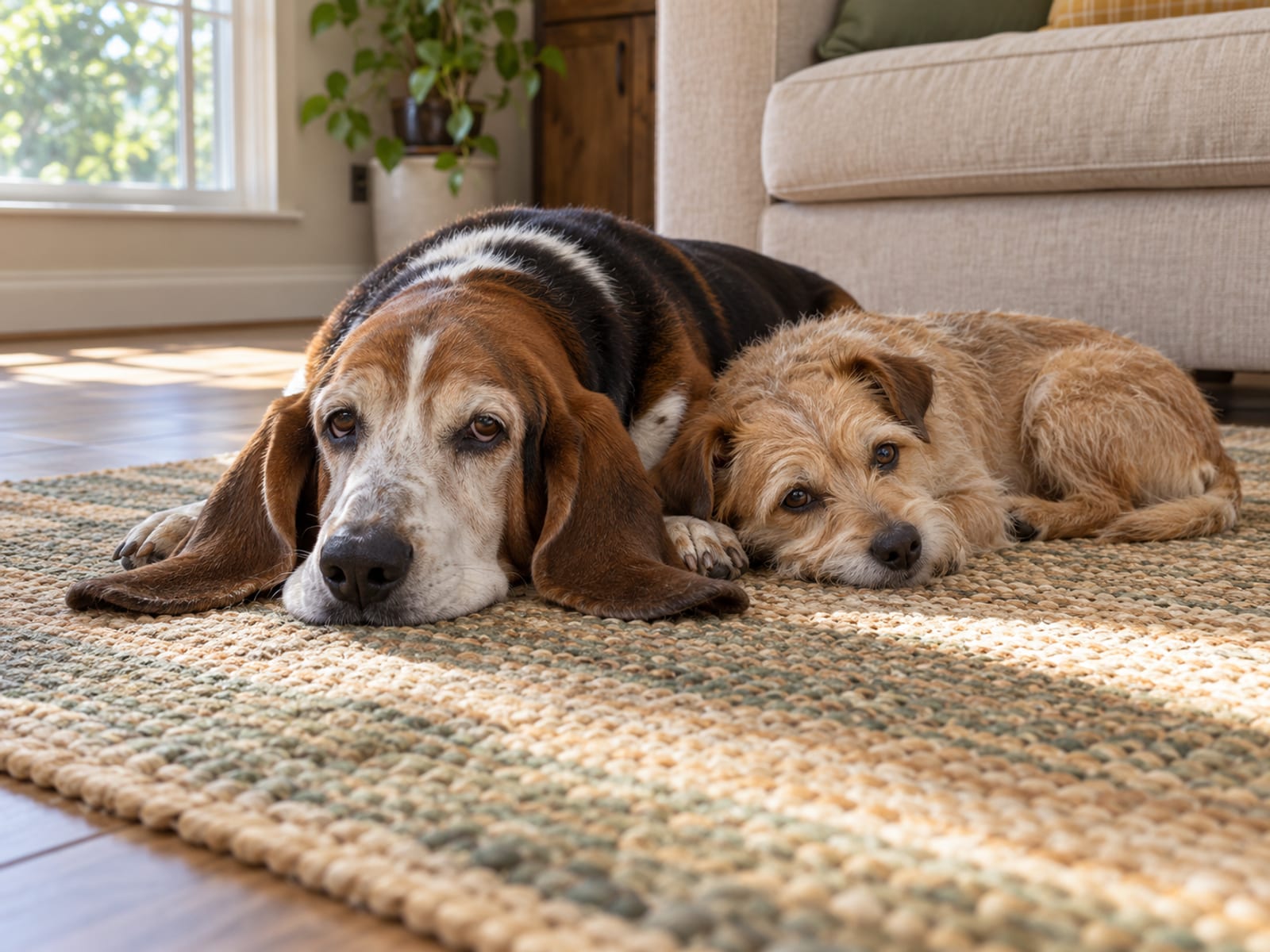 Senior basset hound and a small terrier mix lying side by side on a sunlit living room rug