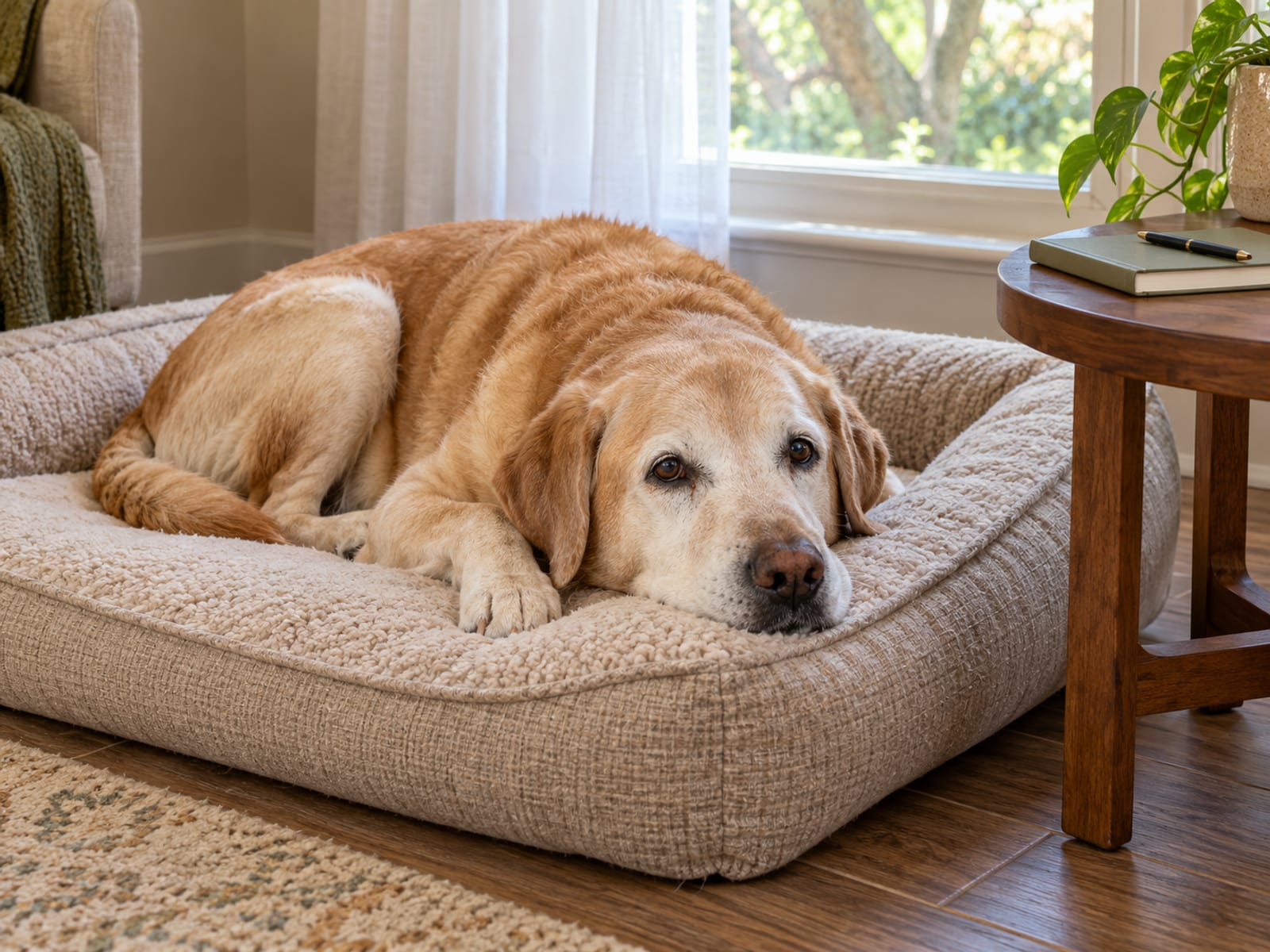 Senior yellow Labrador retriever lying on a thick orthopedic bed by a window, a closed notebook and pen on a side table