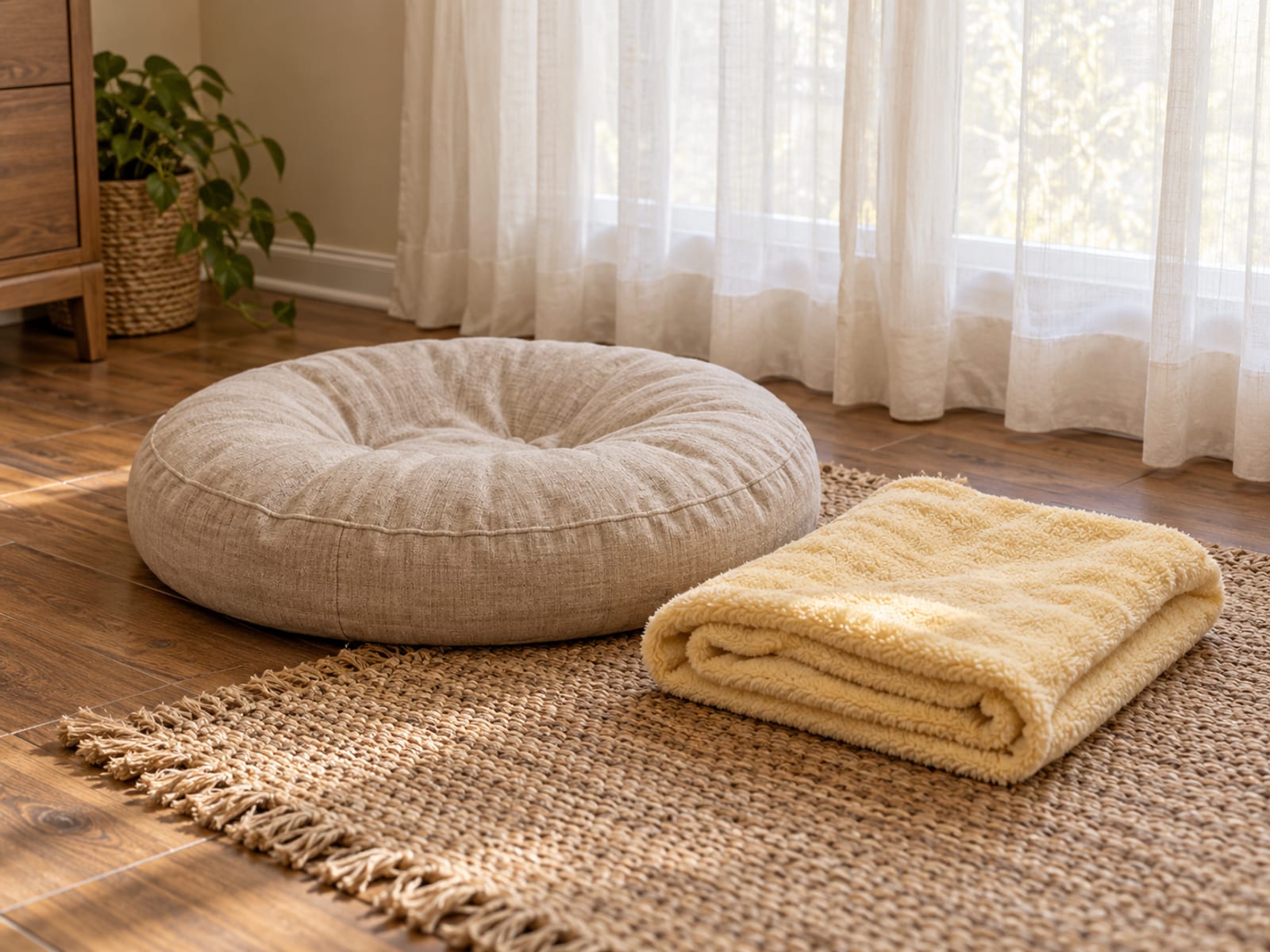 Soft folded blanket and a low floor cushion in a quiet room with sheer curtains at the window