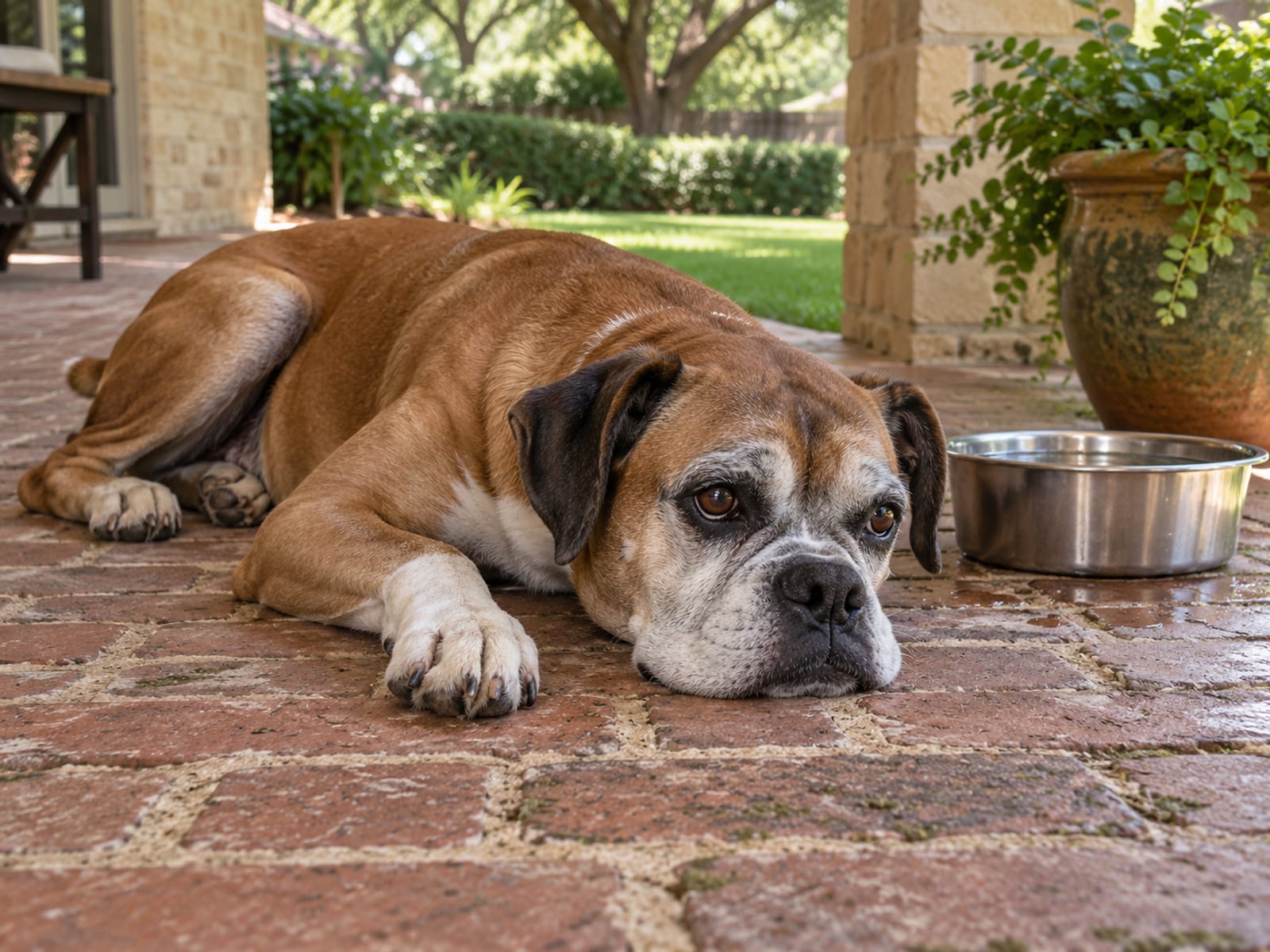 Senior fawn boxer lying on a shaded brick patio beside a steel water bowl
