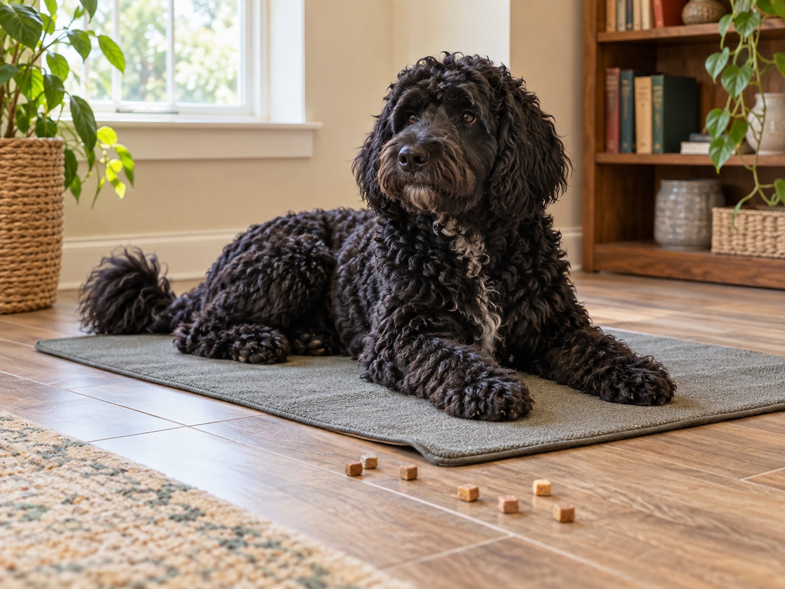 A Portuguese water dog lying on a training mat in a bright den with a few soft treats on the floor beside it