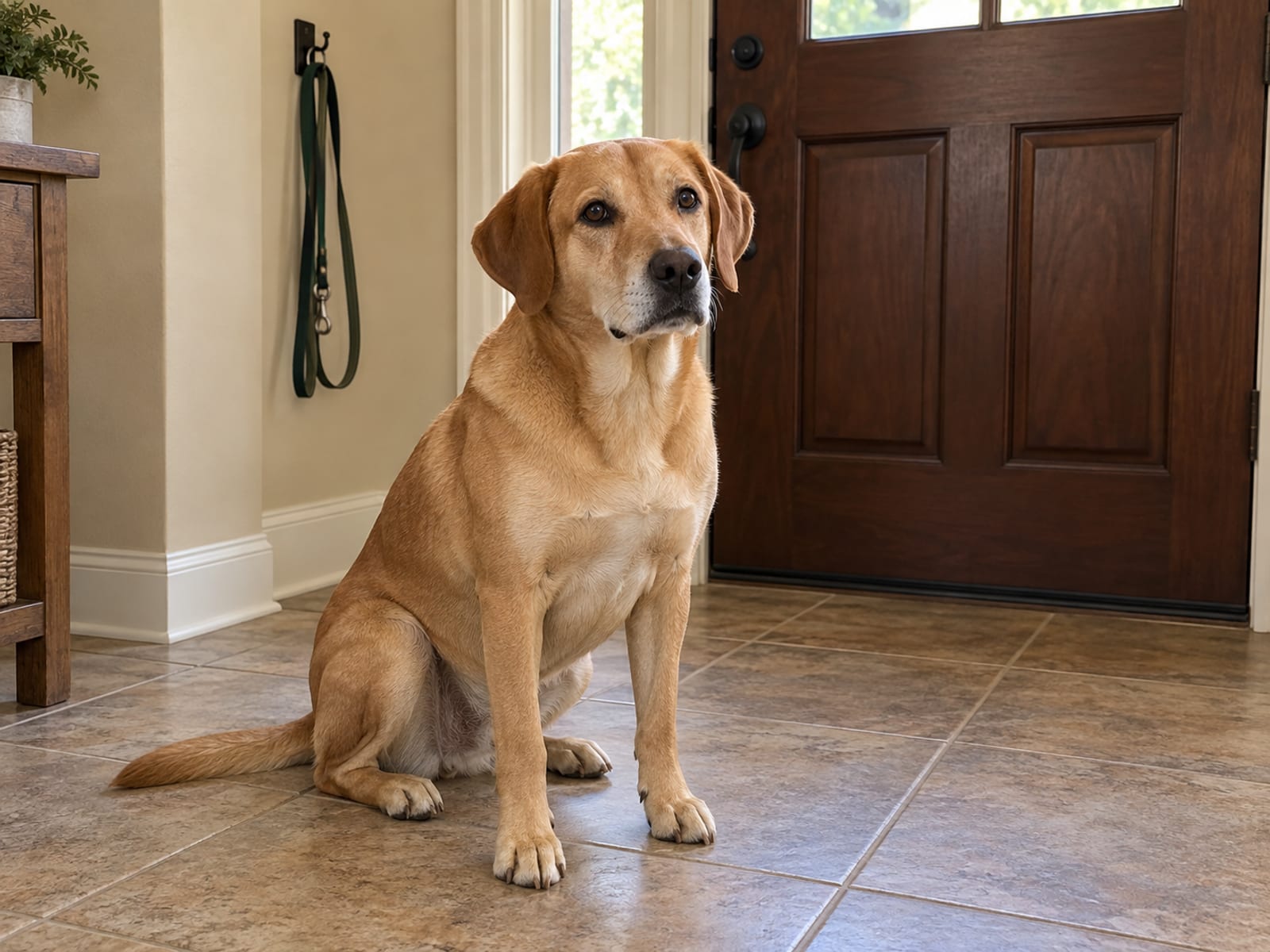 A tan Labrador mix sitting calmly on a tile entry floor beside a leash hanging from a wall hook