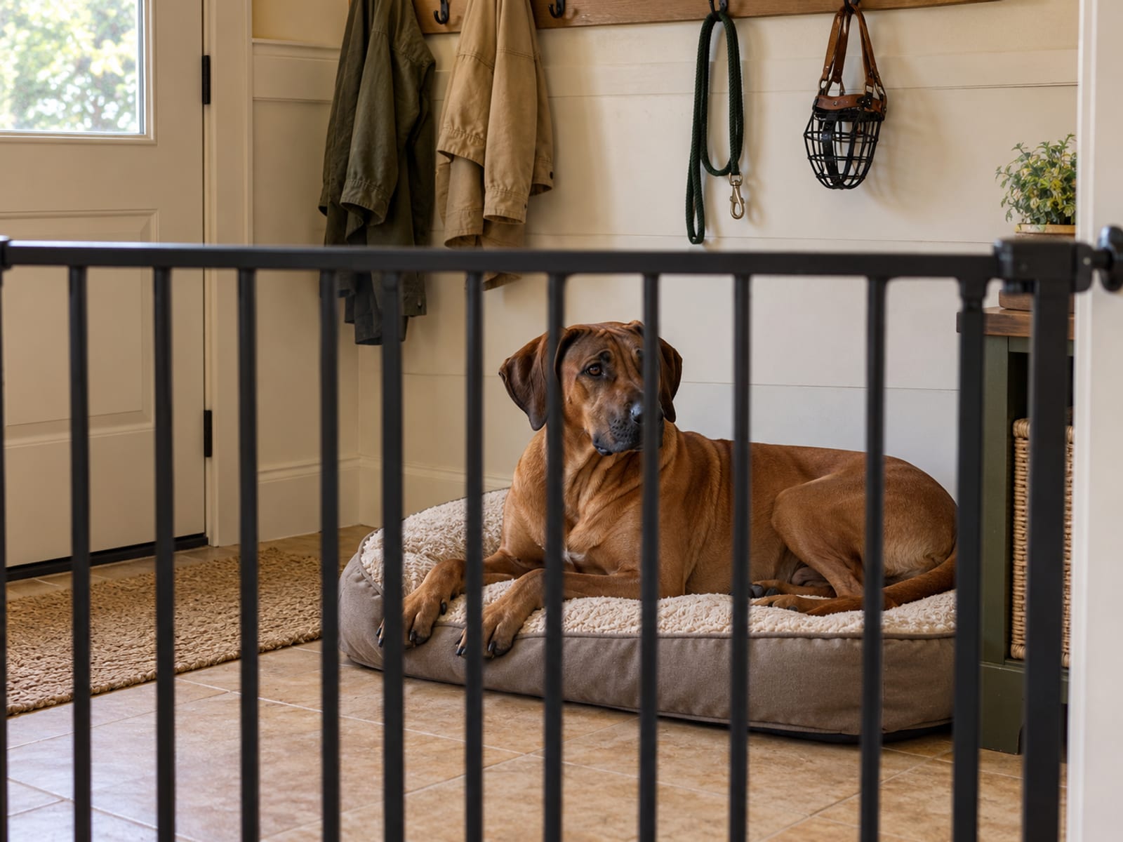A Rhodesian ridgeback lying on a dog bed in a tidy mudroom behind a closed baby gate with a slack leash and a basket muzzle on a hook