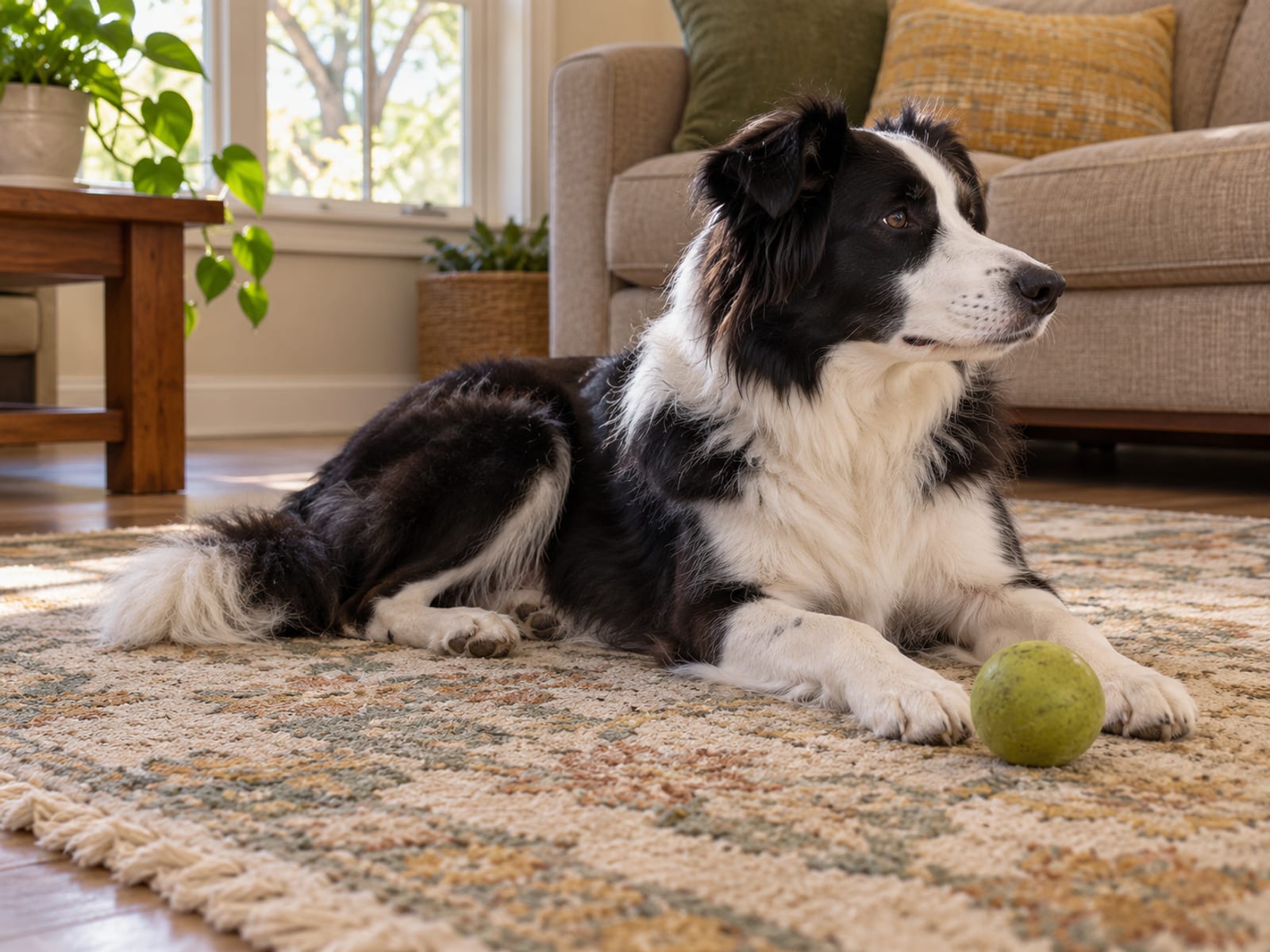 A Border collie lying on a living room rug with its head turned away, relaxed, a rubber ball nearby